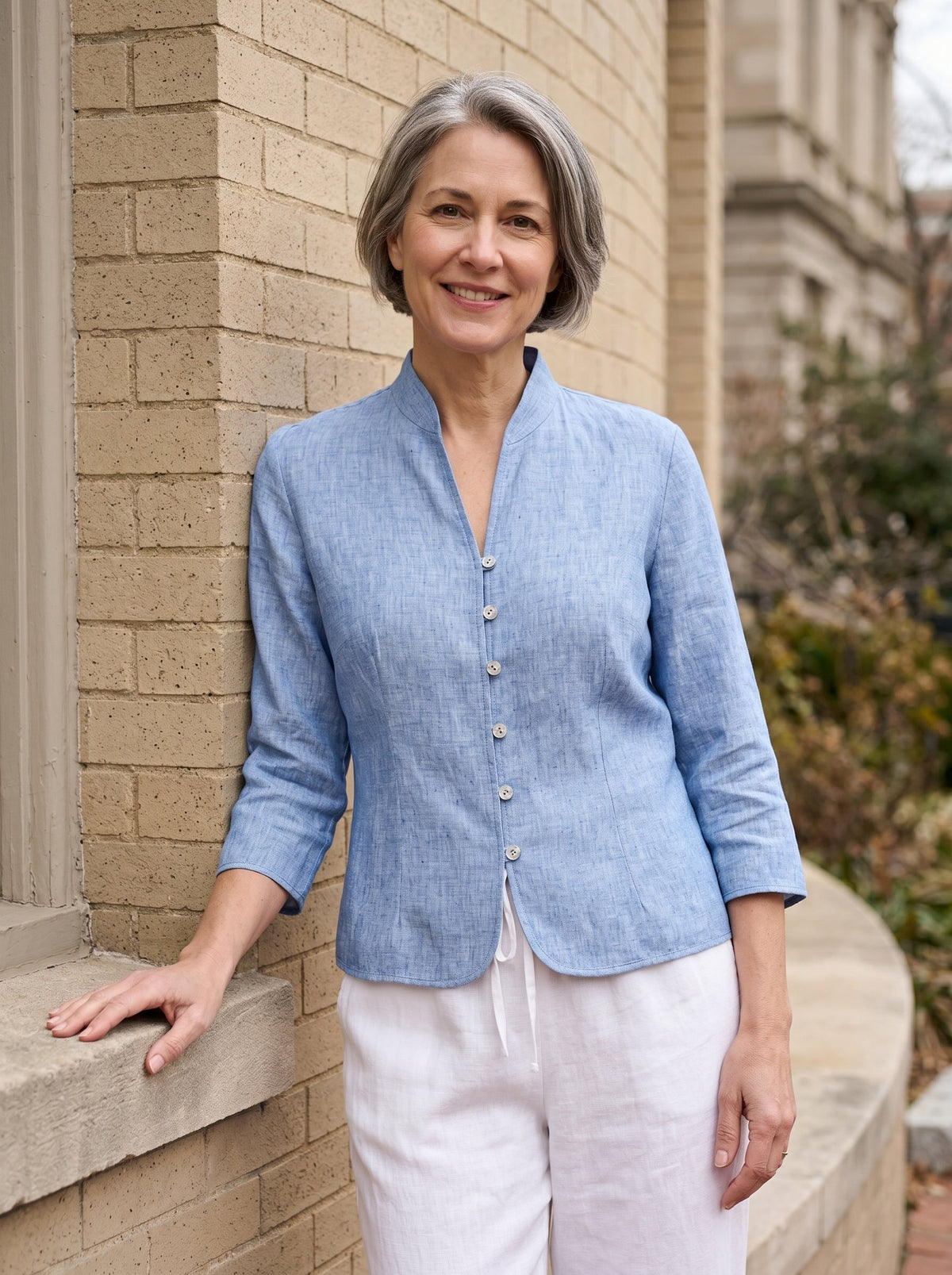 100% Linen Stand-Collar Half-Sleeve Fitted Jacket AMELIA