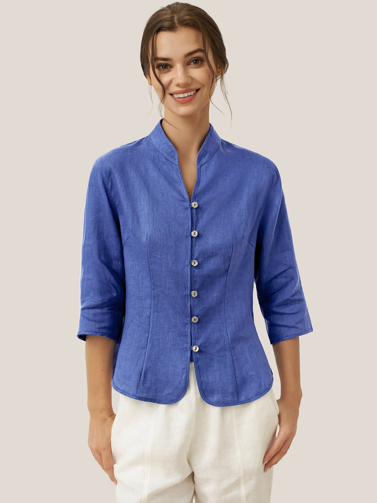 100% Linen Stand-Collar Half-Sleeve Fitted Jacket AMELIA