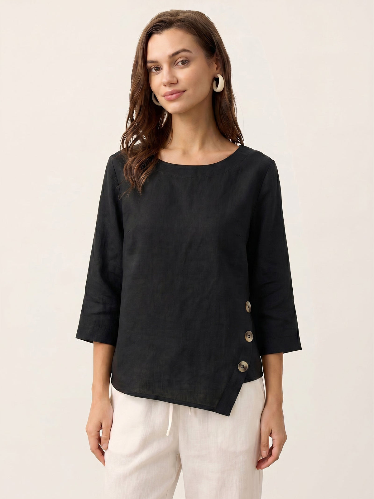 100% Linen Asymmetric-Hem Button-Trim Top NYLA