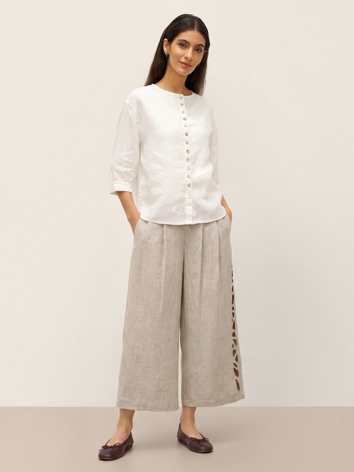 100% Linen Button-Front Drop Shoulder Shirt EASTER