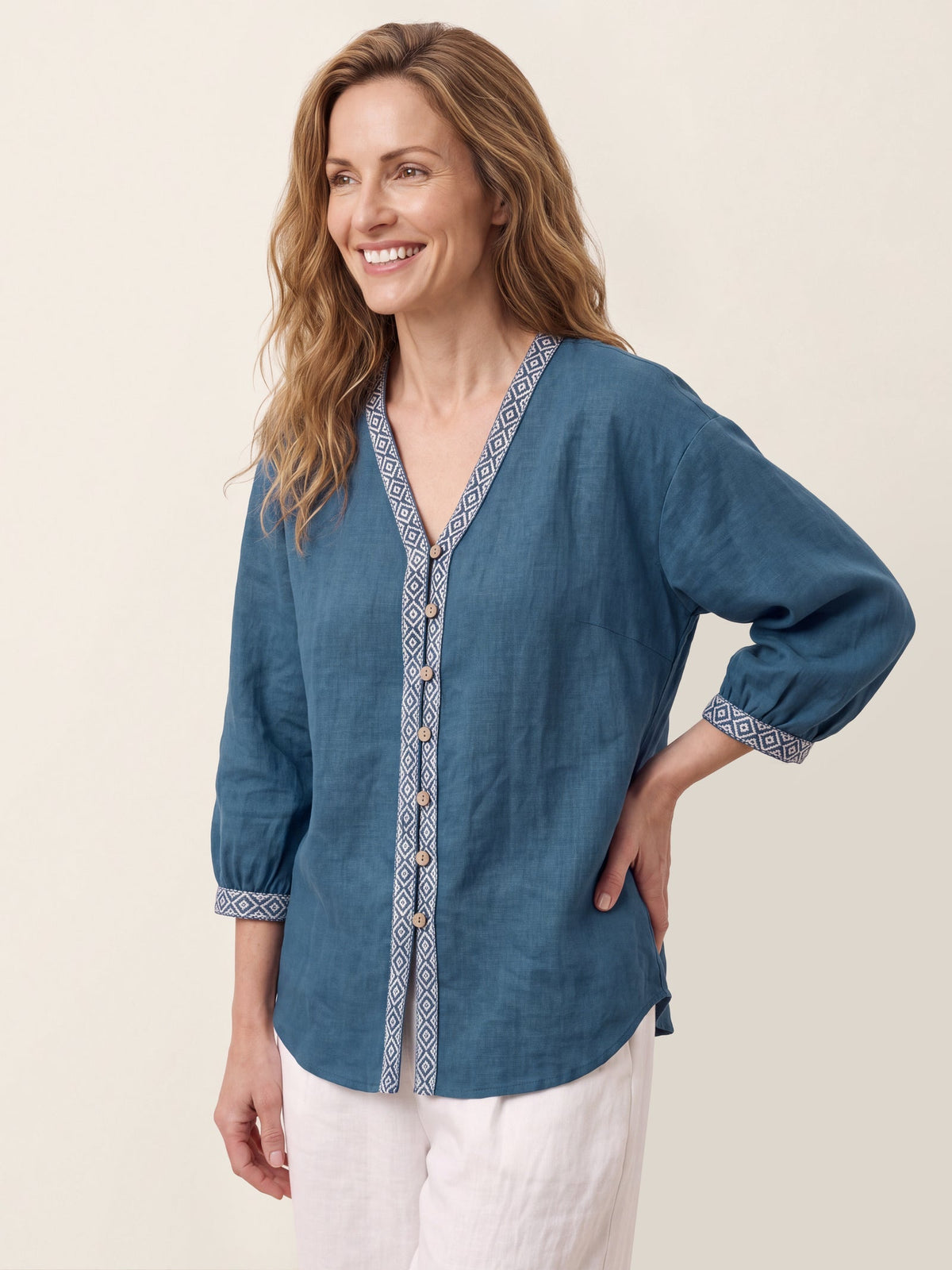 100% Linen Geometric Trim V-Neck Shirt SORAYA