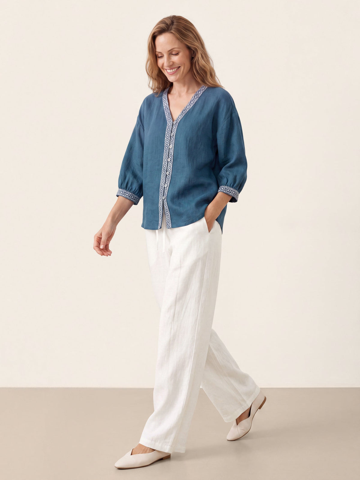 100% Linen Geometric Trim V-Neck Shirt SORAYA