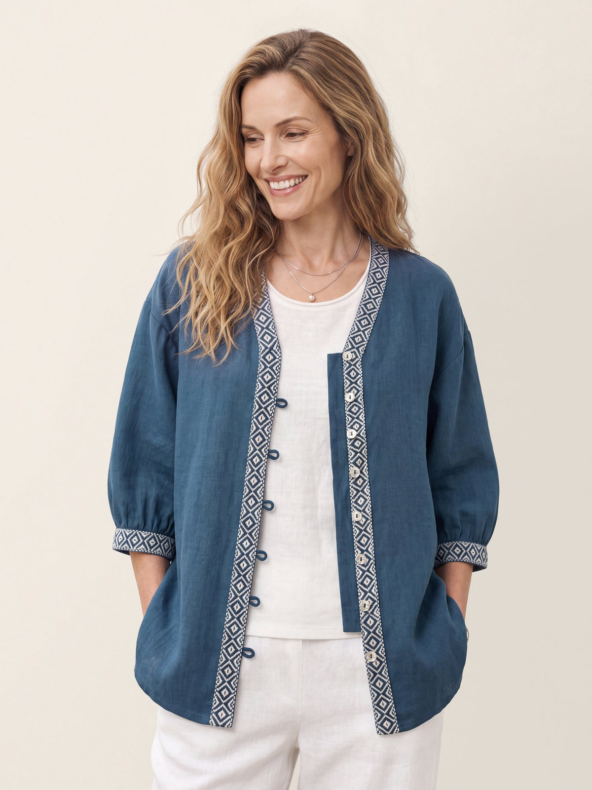 100% Linen Geometric Trim V-Neck Shirt SORAYA