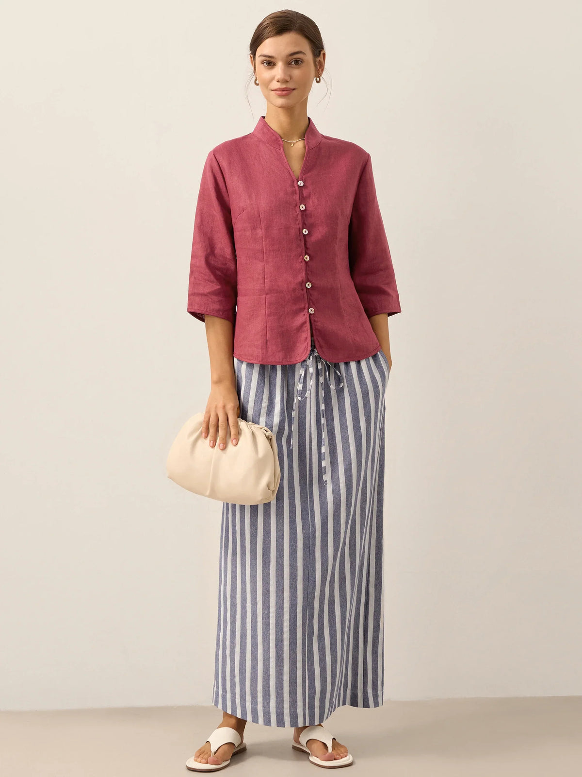 100% Linen Stand-Collar Half-Sleeve Fitted Jacket AMELIA