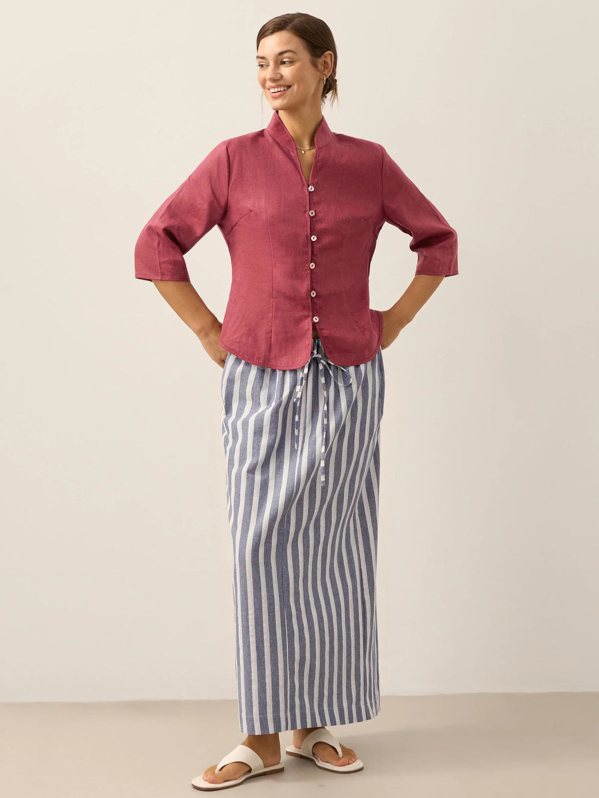 100% Linen Stand-Collar Half-Sleeve Fitted Jacket AMELIA