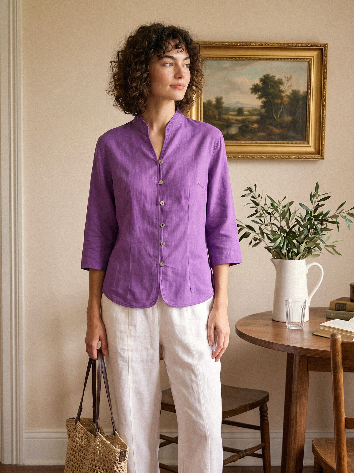 100% Linen Stand-Collar Half-Sleeve Fitted Jacket AMELIA