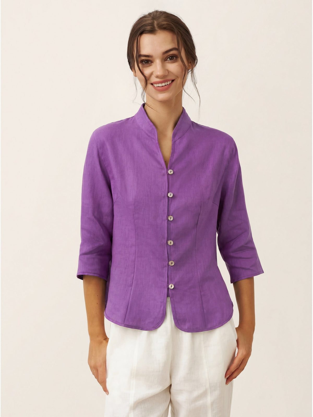 100% Linen Stand-Collar Half-Sleeve Fitted Jacket AMELIA