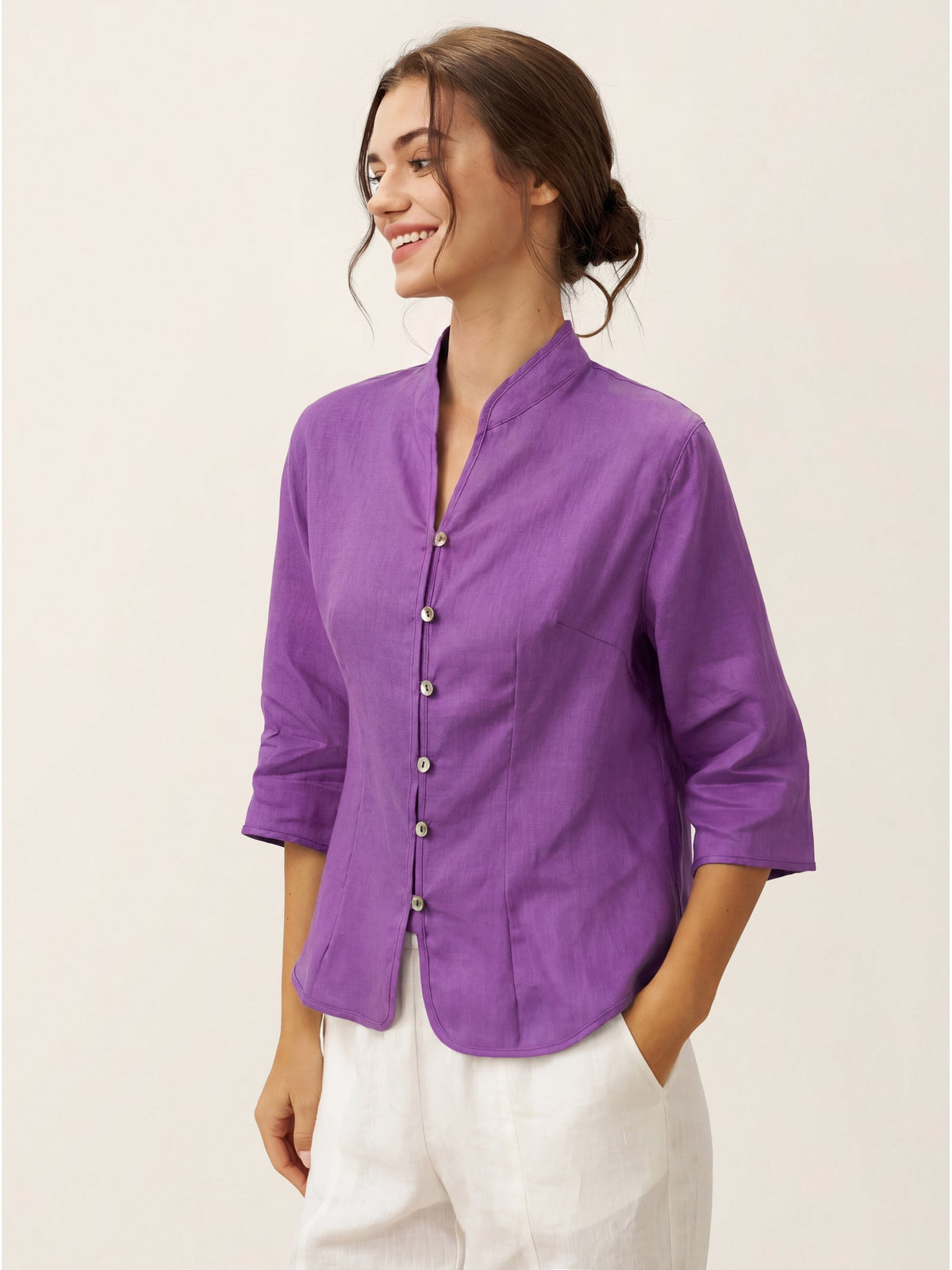 100% Linen Stand-Collar Half-Sleeve Fitted Jacket AMELIA
