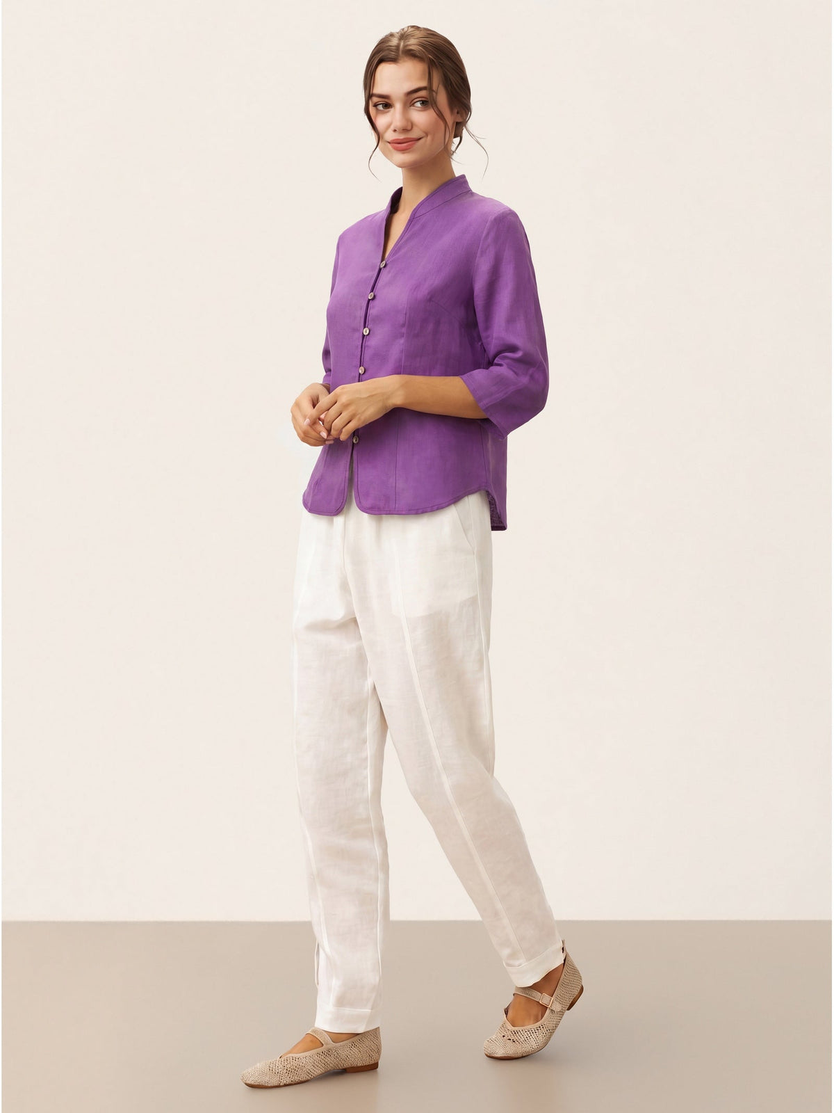 100% Linen Stand-Collar Half-Sleeve Fitted Jacket AMELIA