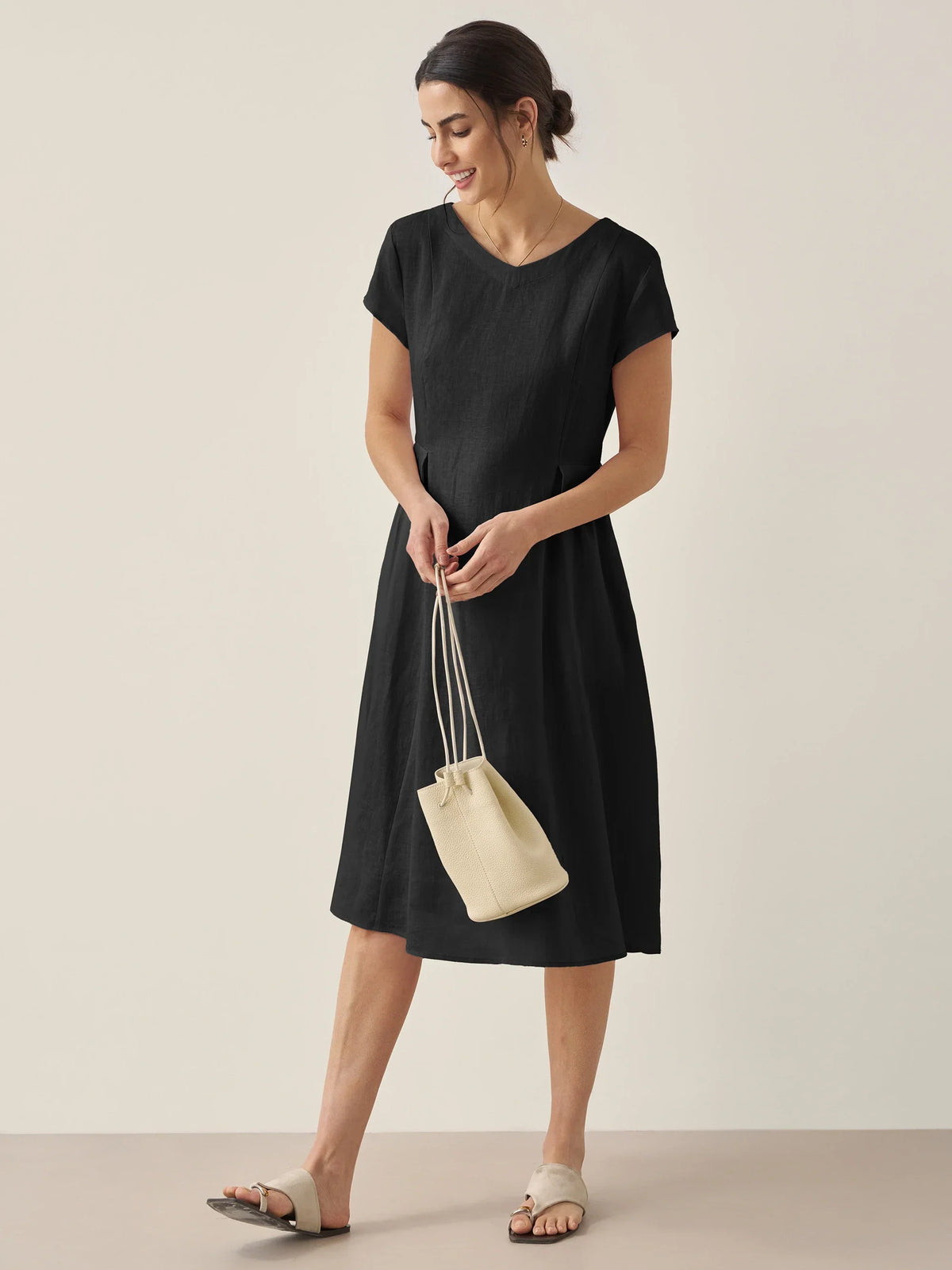 100% Linen Natural Summer V-Neck Dress ALEXA