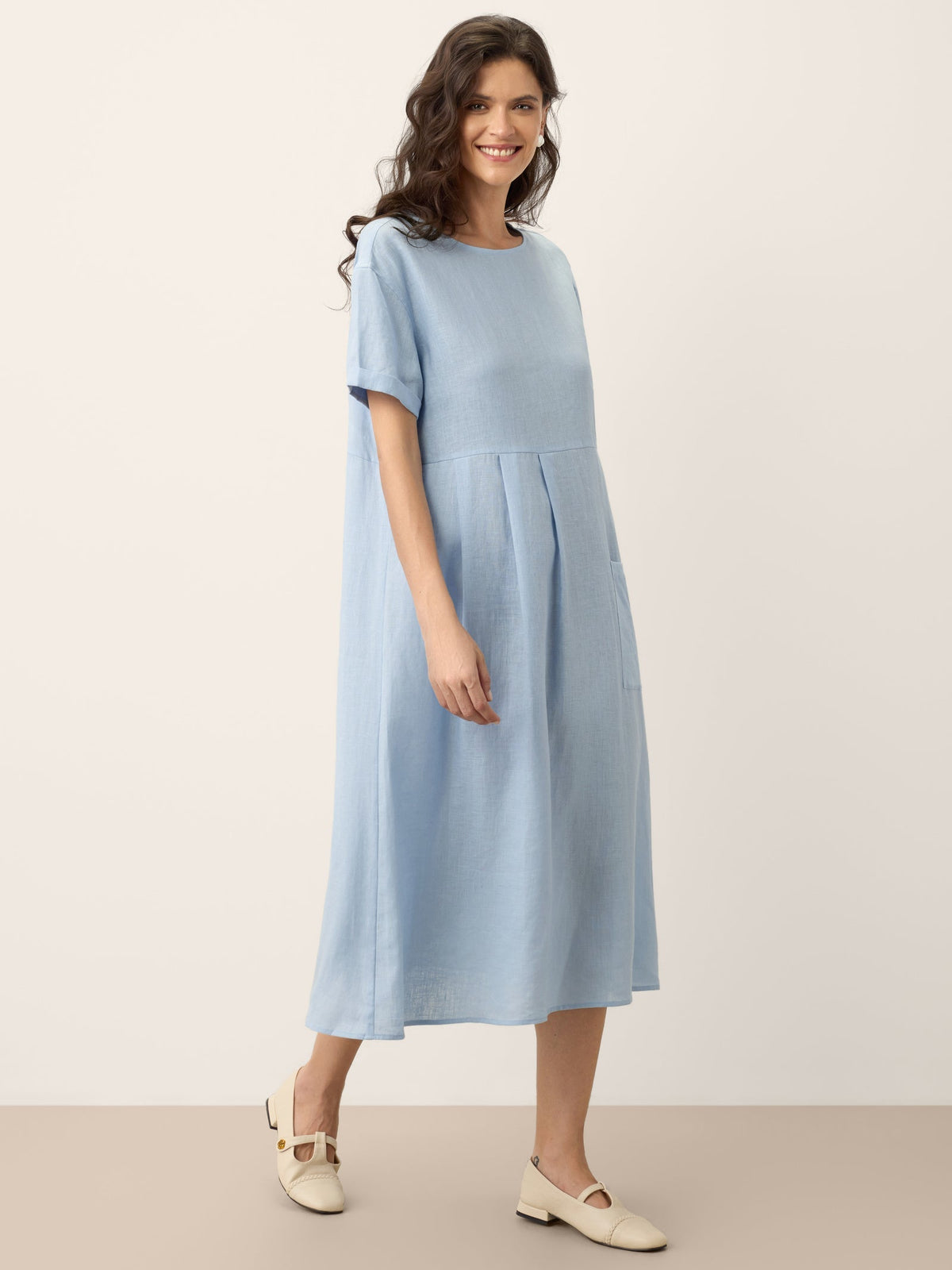100% Linen Pinstripe Paneled Short-Sleeved Dress MORGAN
