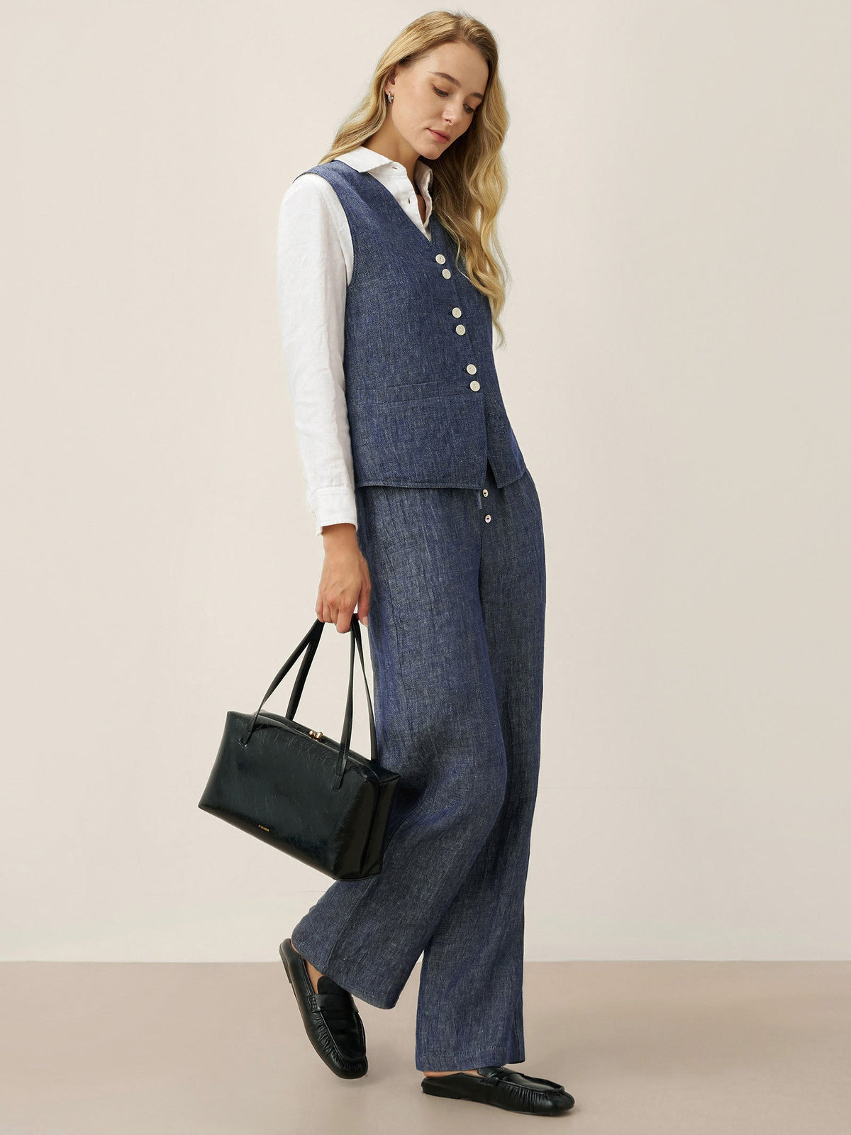 100% Linen Reversible Denim Texture Button Front Vest HARPER