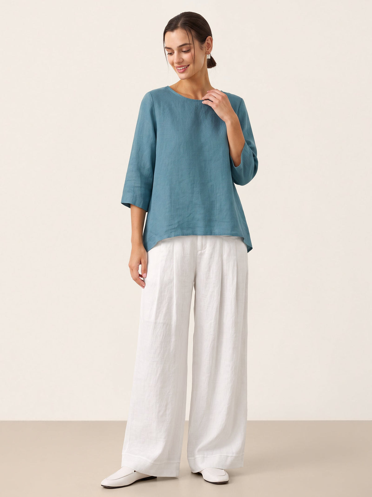 100% Linen Round Neck Asymmetrical Hem Top BRIANNA