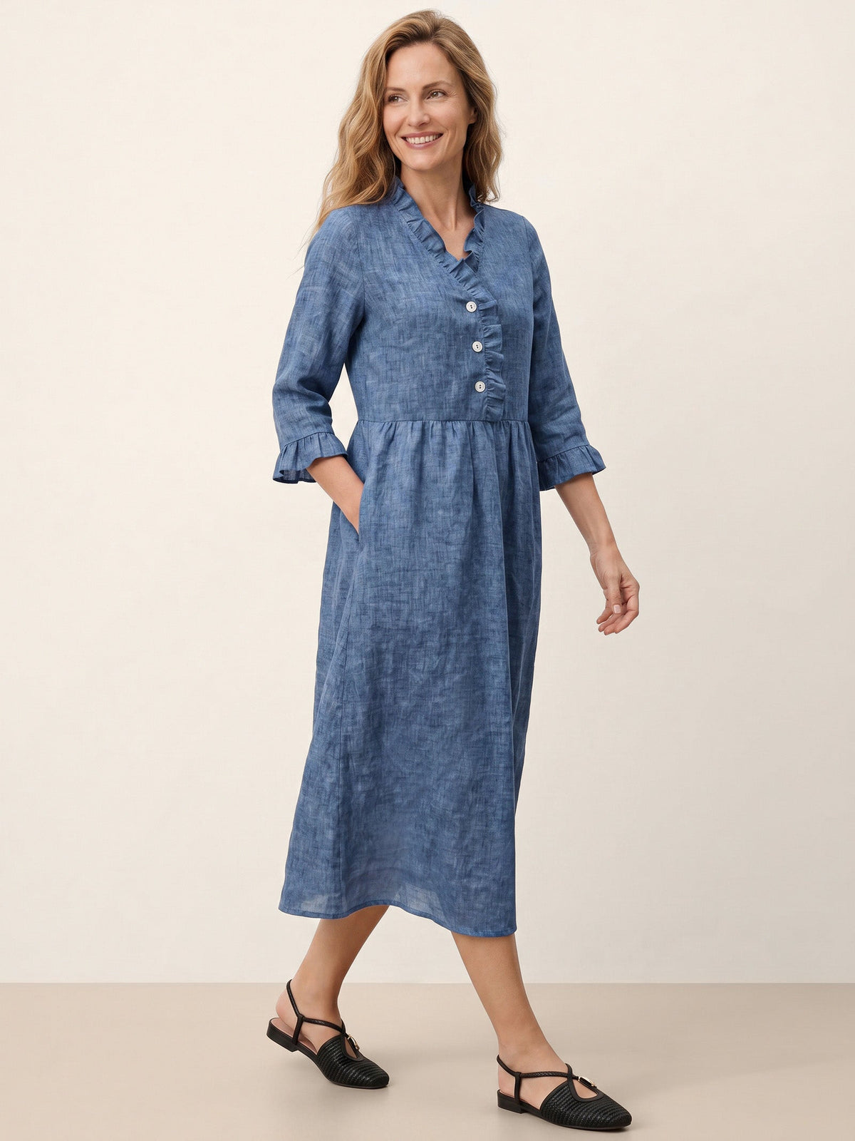 100% Linen Ruffle Placket A-Line Midi Dress SAMARA