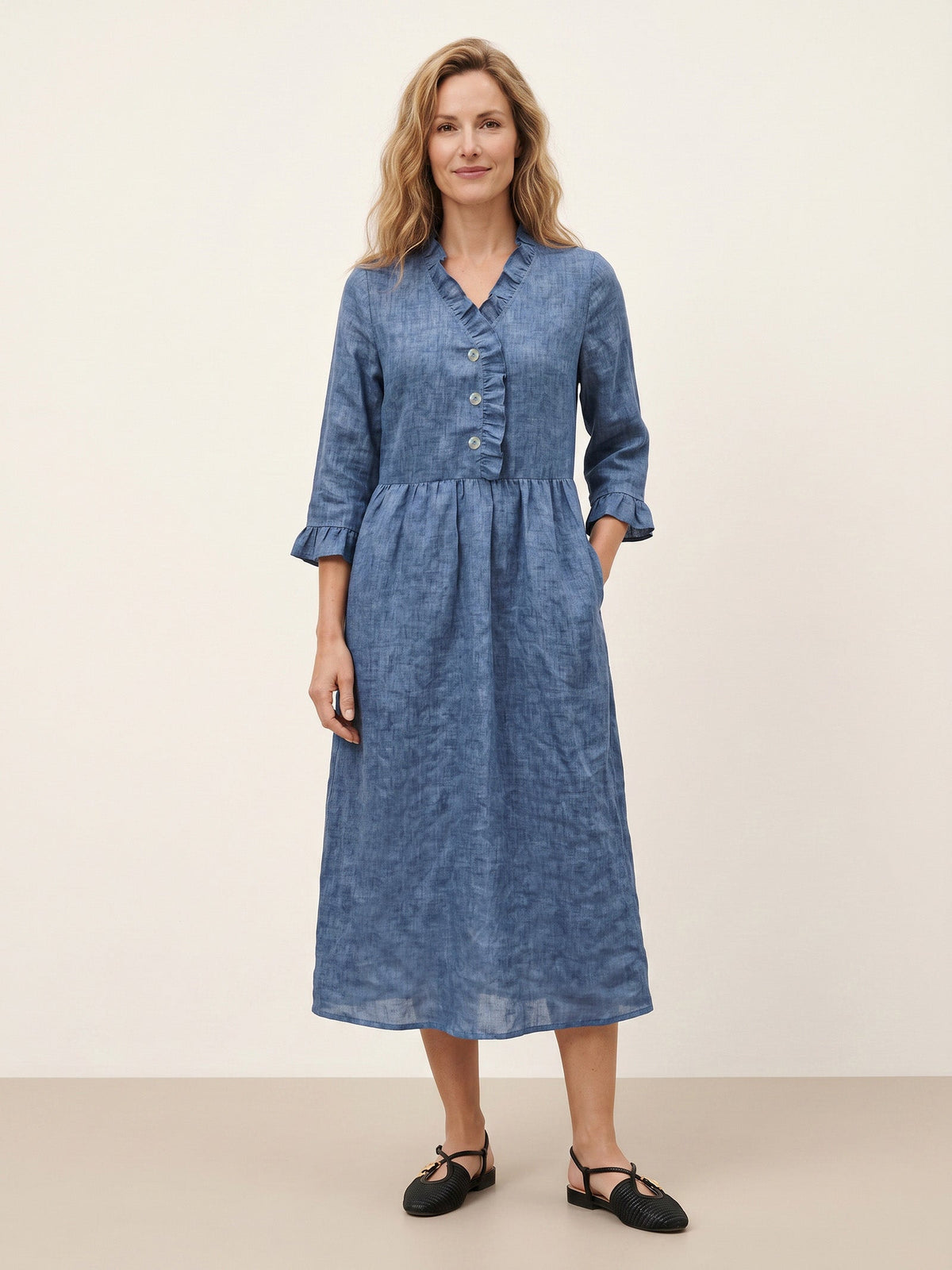 100% Linen Ruffle Placket A-Line Midi Dress SAMARA