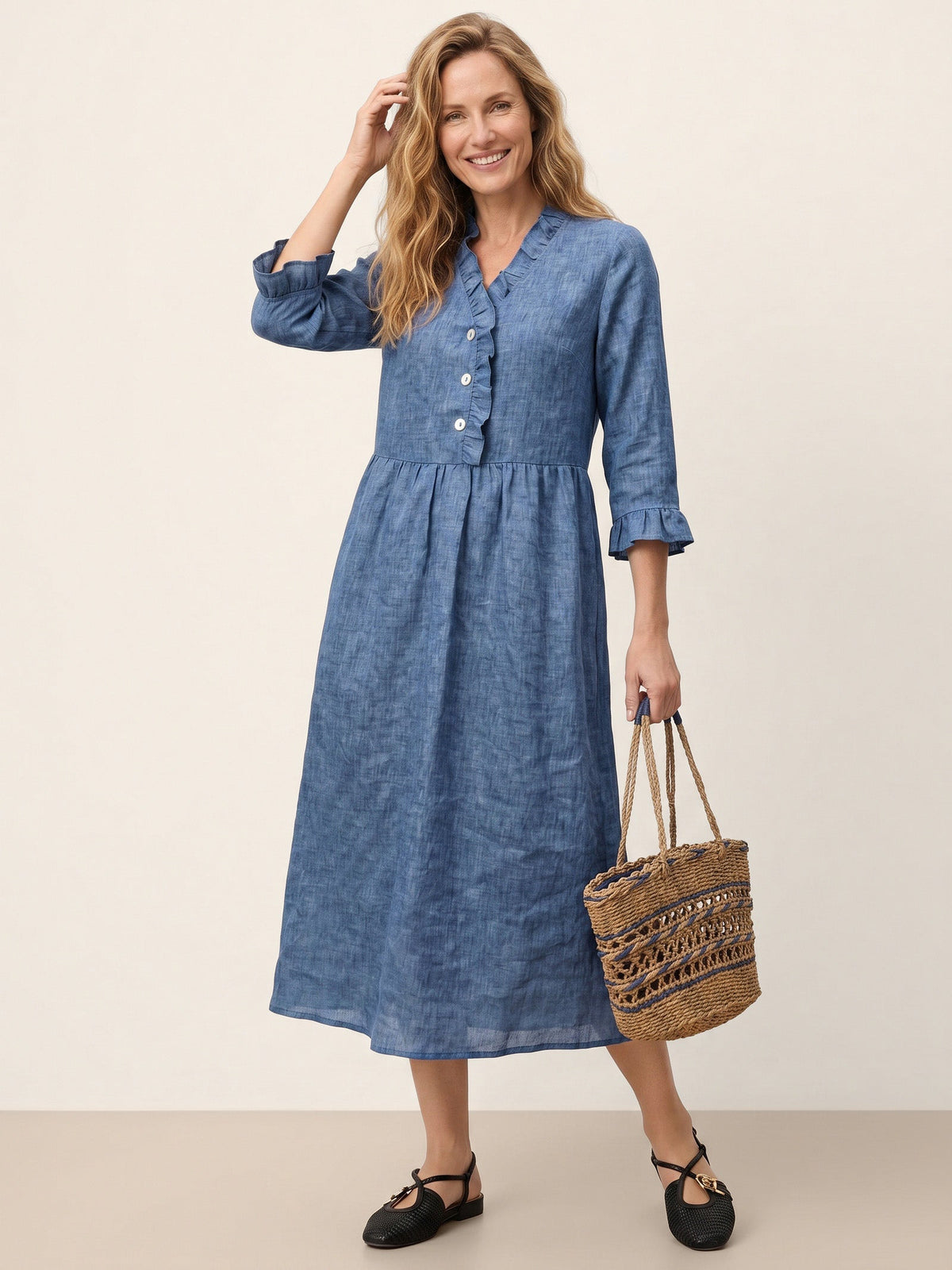 100% Linen Ruffle Placket A-Line Midi Dress SAMARA