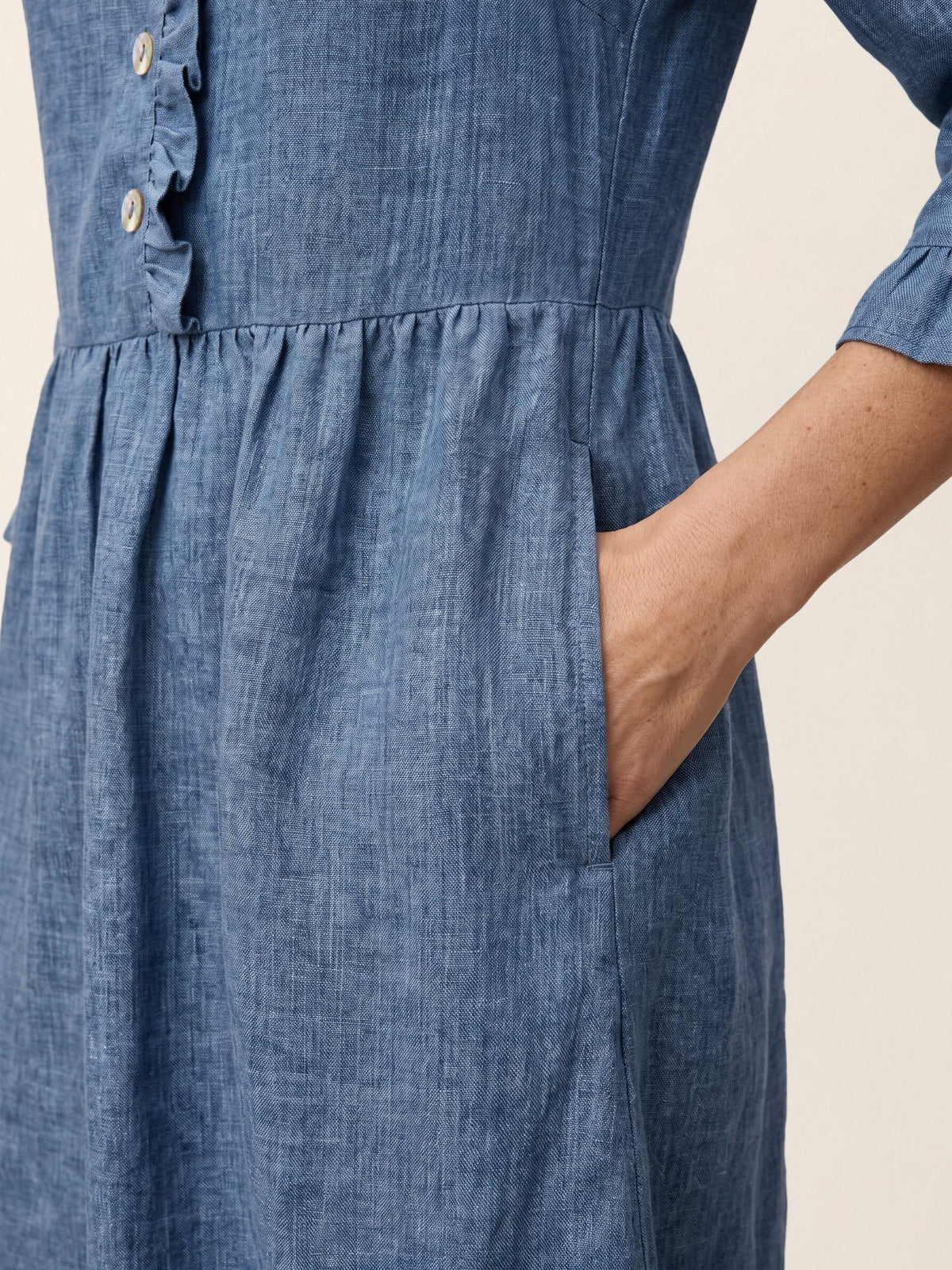 100% Linen Ruffle Placket A-Line Midi Dress SAMARA