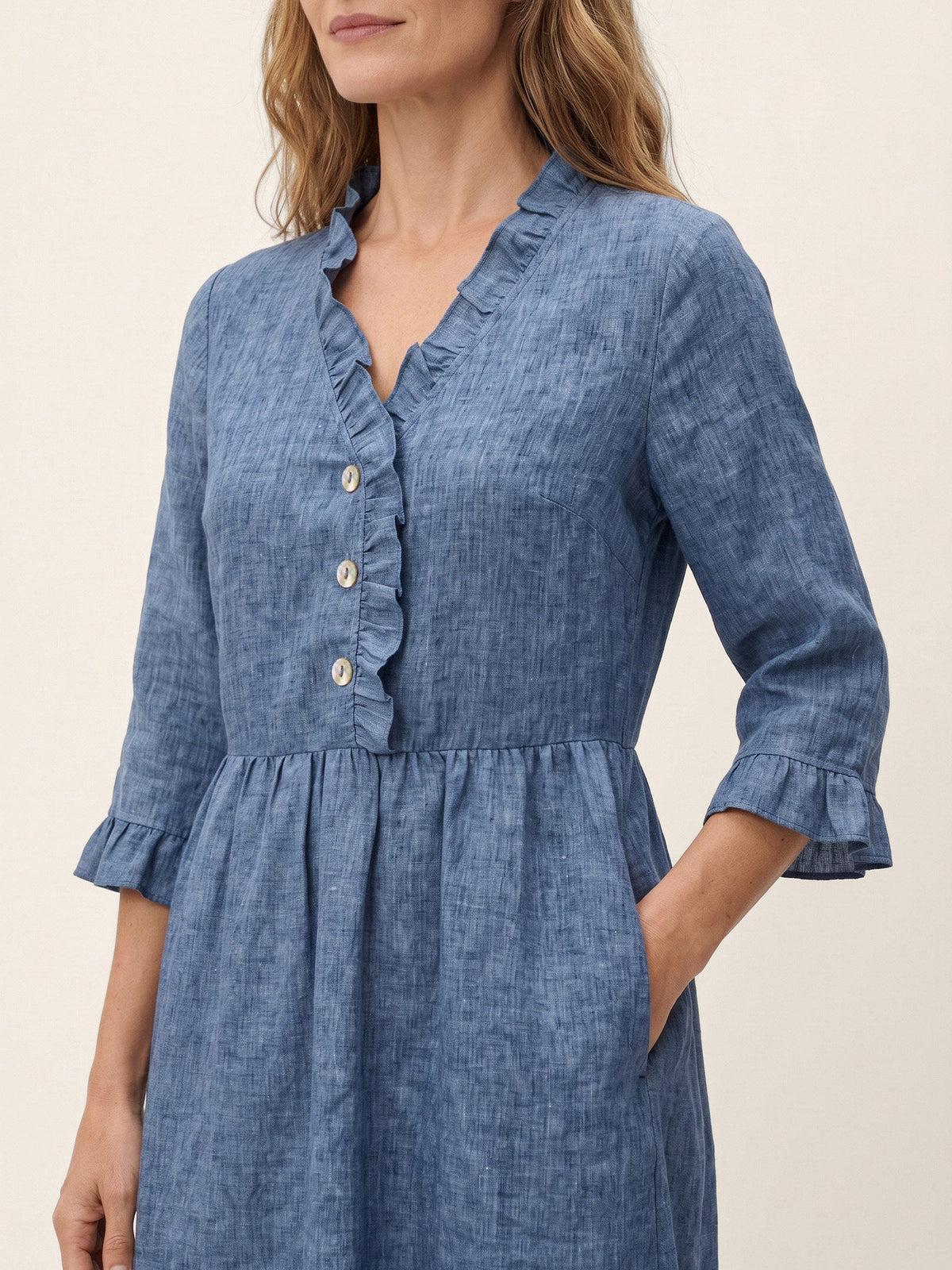 100% Linen Ruffle Placket A-Line Midi Dress SAMARA
