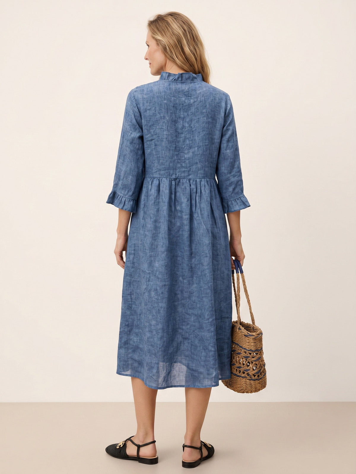 100% Linen Ruffle Placket A-Line Midi Dress SAMARA