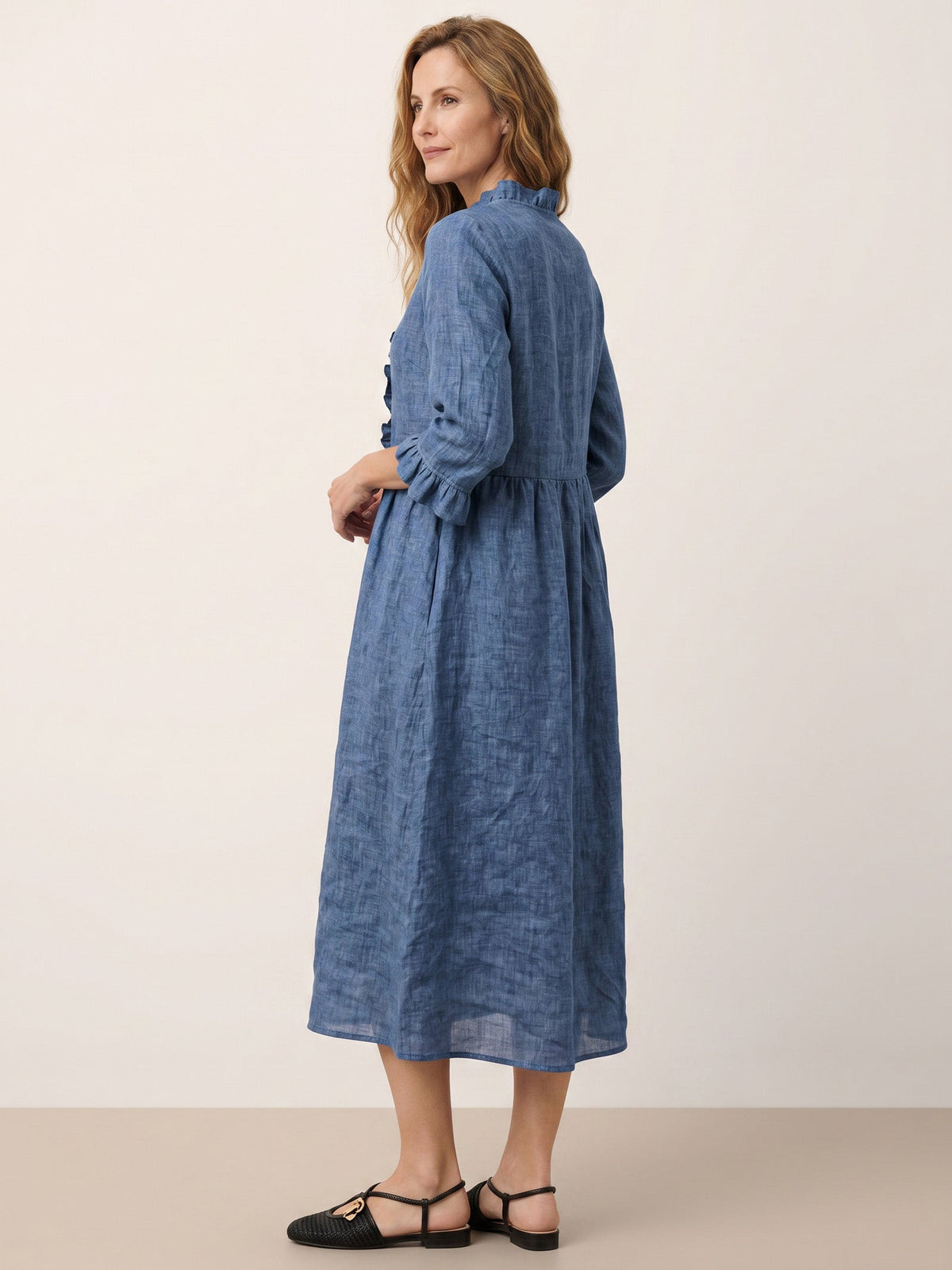 100% Linen Ruffle Placket A-Line Midi Dress SAMARA