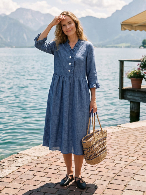 100% Linen Ruffle Placket A-Line Midi Dress SAMARA