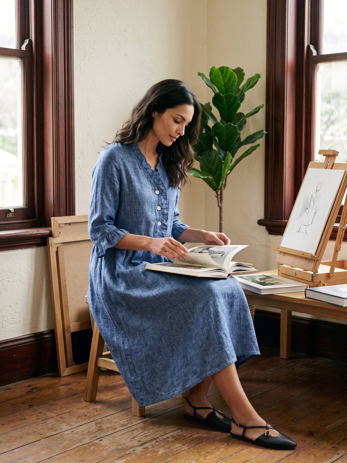 100% Linen Ruffle Placket A-Line Midi Dress SAMARA