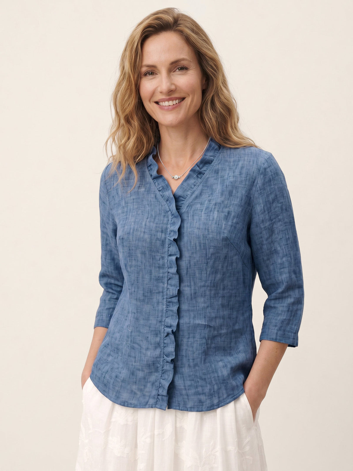 100% Linen Ruffle Placket V-Neck Shirt RENATA