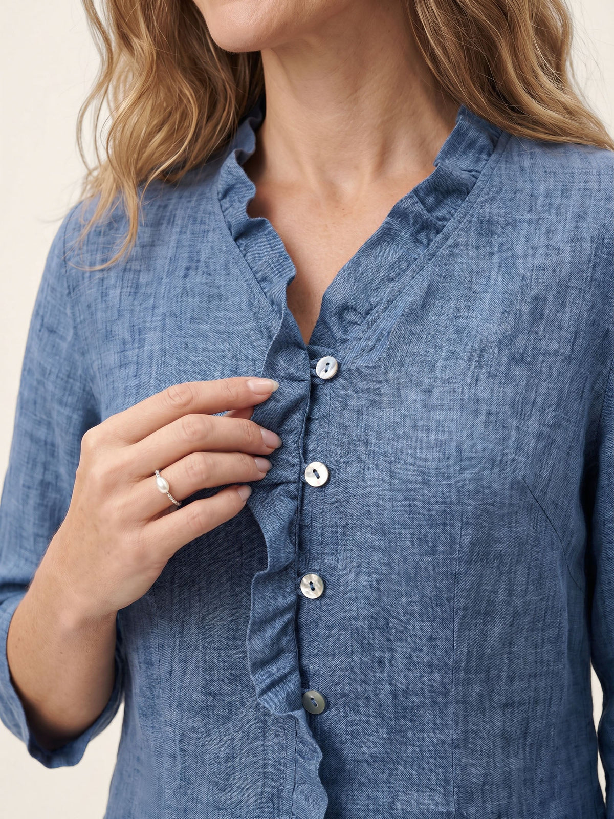 100% Linen Ruffle Placket V-Neck Shirt RENATA