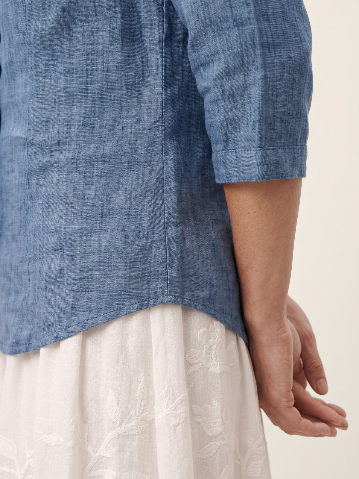 100% Linen Ruffle Placket V-Neck Shirt RENATA