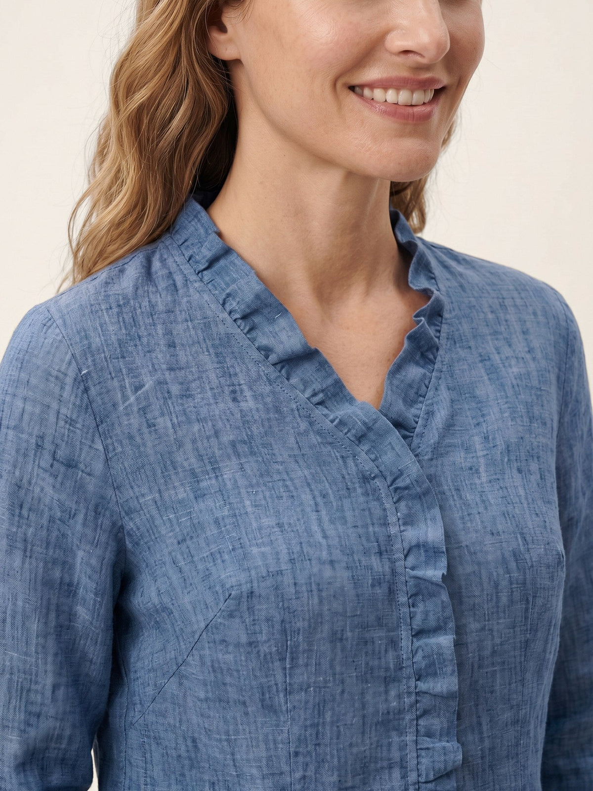 100% Linen Ruffle Placket V-Neck Shirt RENATA
