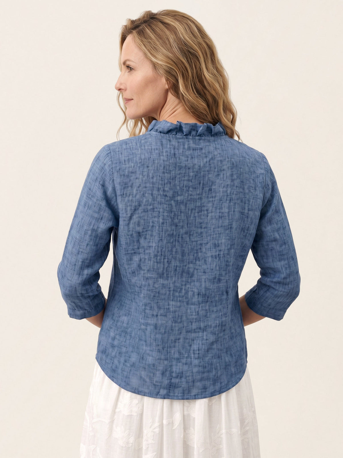 100% Linen Ruffle Placket V-Neck Shirt RENATA