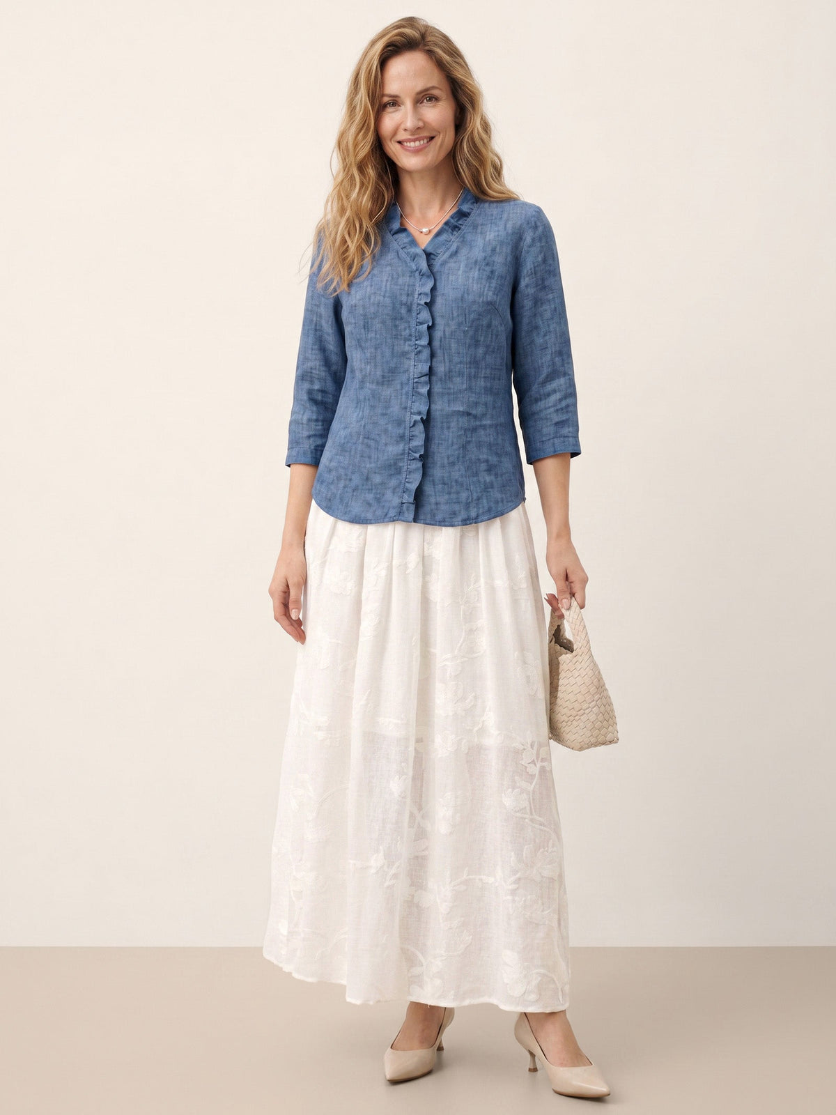 100% Linen Ruffle Placket V-Neck Shirt RENATA