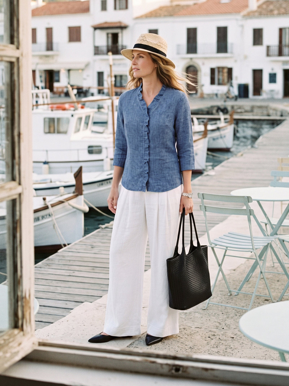 100% Linen Ruffle Placket V-Neck Shirt RENATA