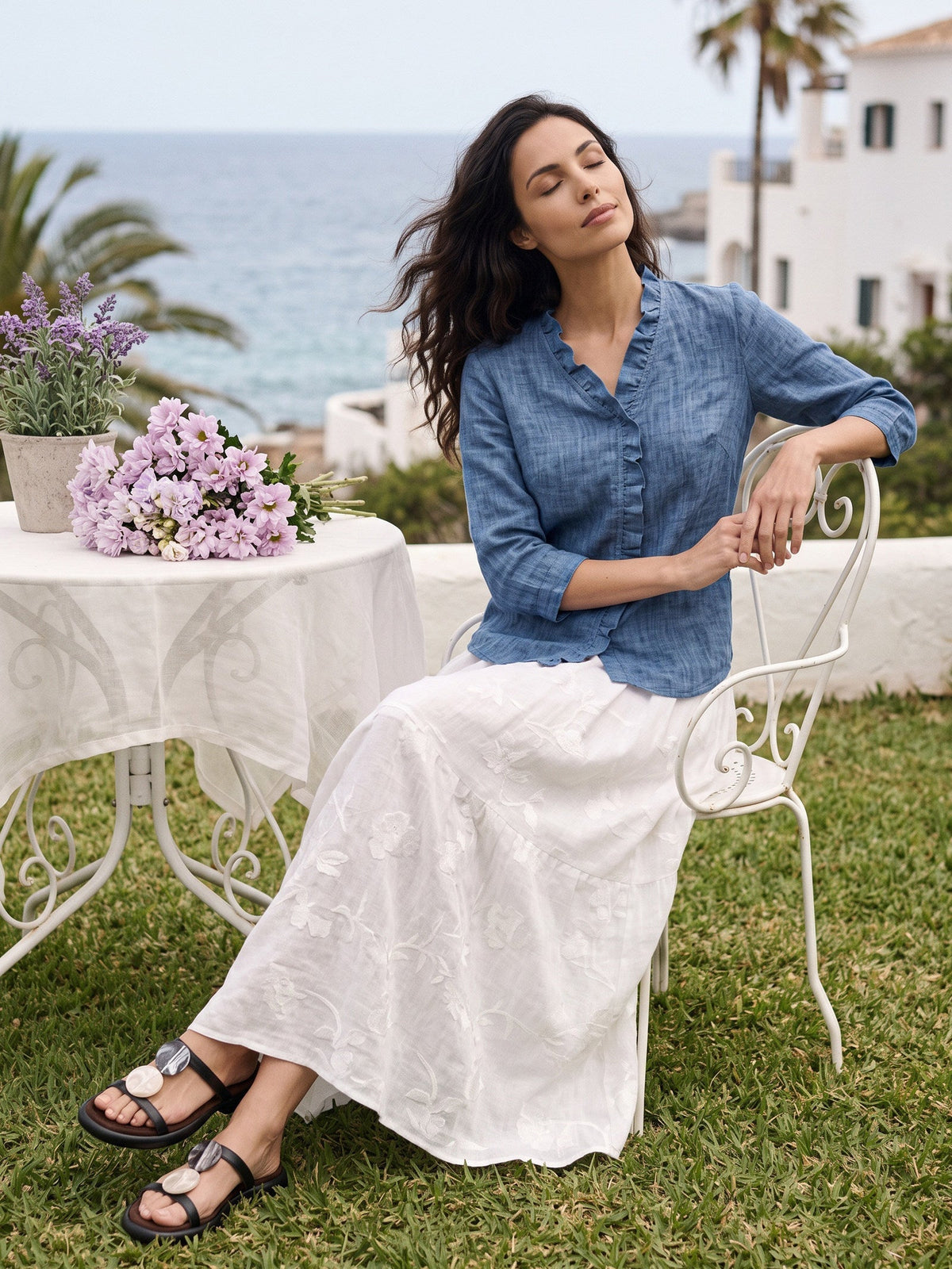 100% Linen Ruffle Placket V-Neck Shirt RENATA
