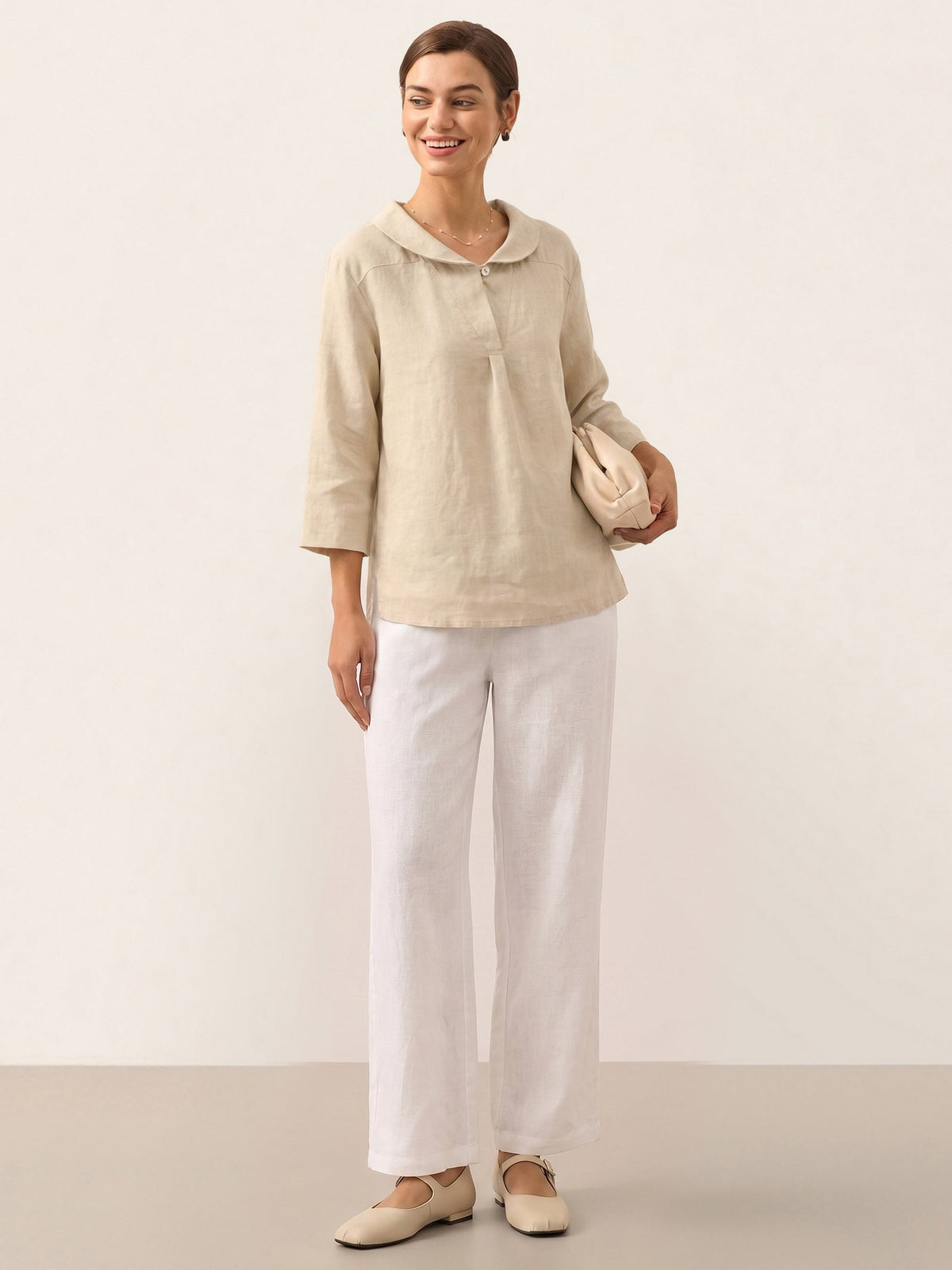 100% Linen Shawl V-Neck Half Sleeve Top JADE