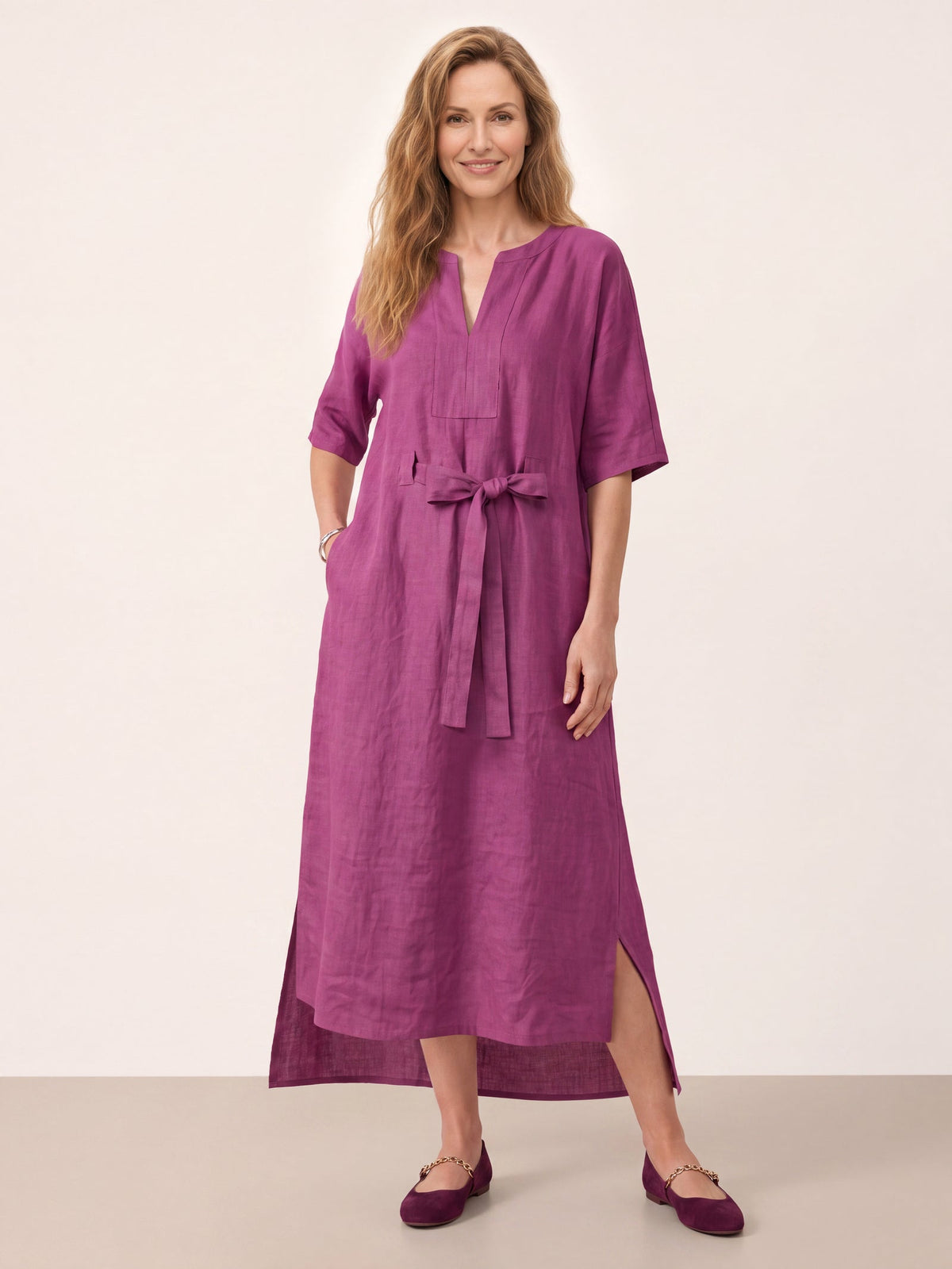 100% Linen Side Tie Cocoon Midi Dress SOLENE