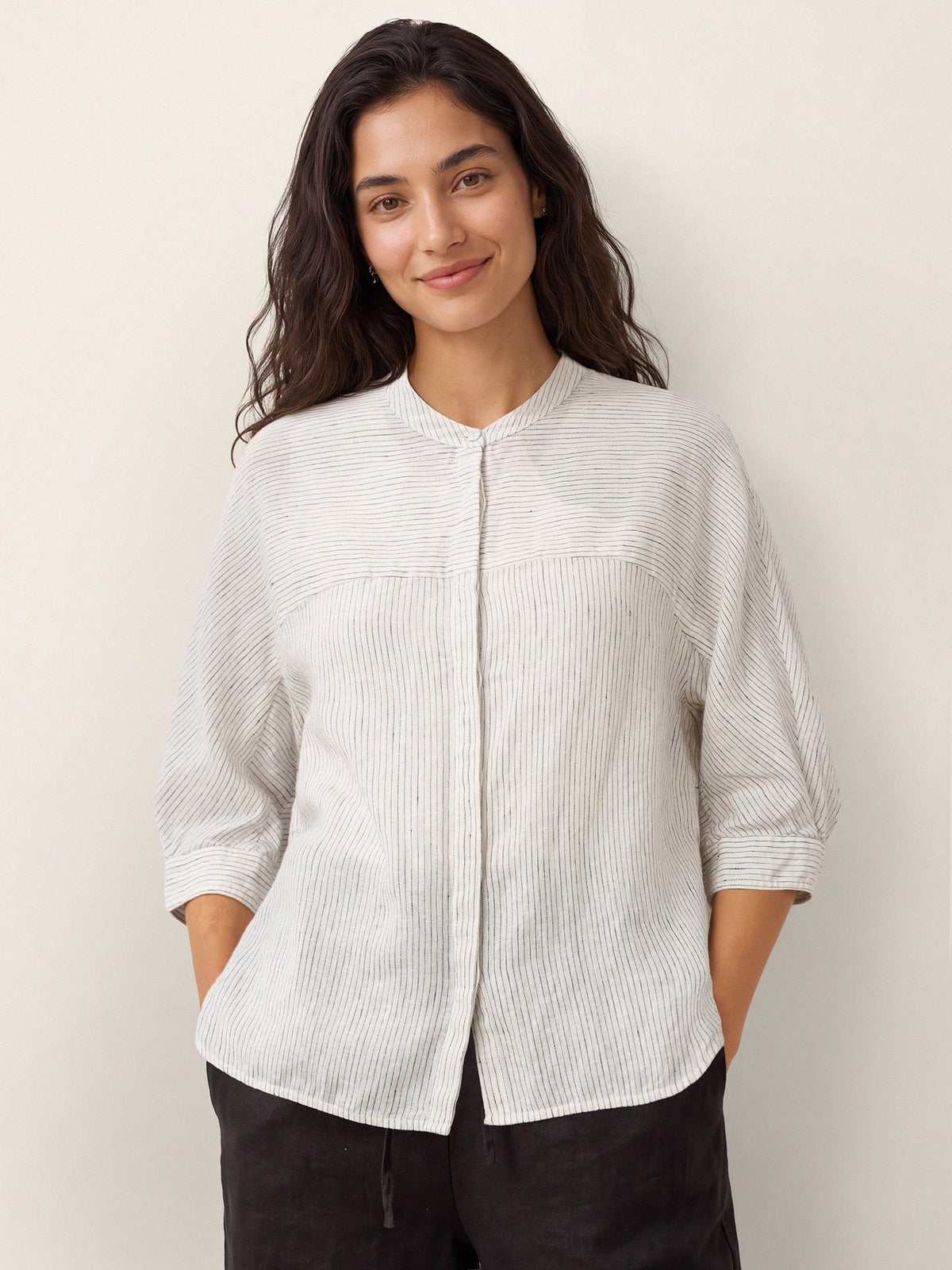 100% Linen Striped Three-Quarter Sleeve Shirt SKYLAR