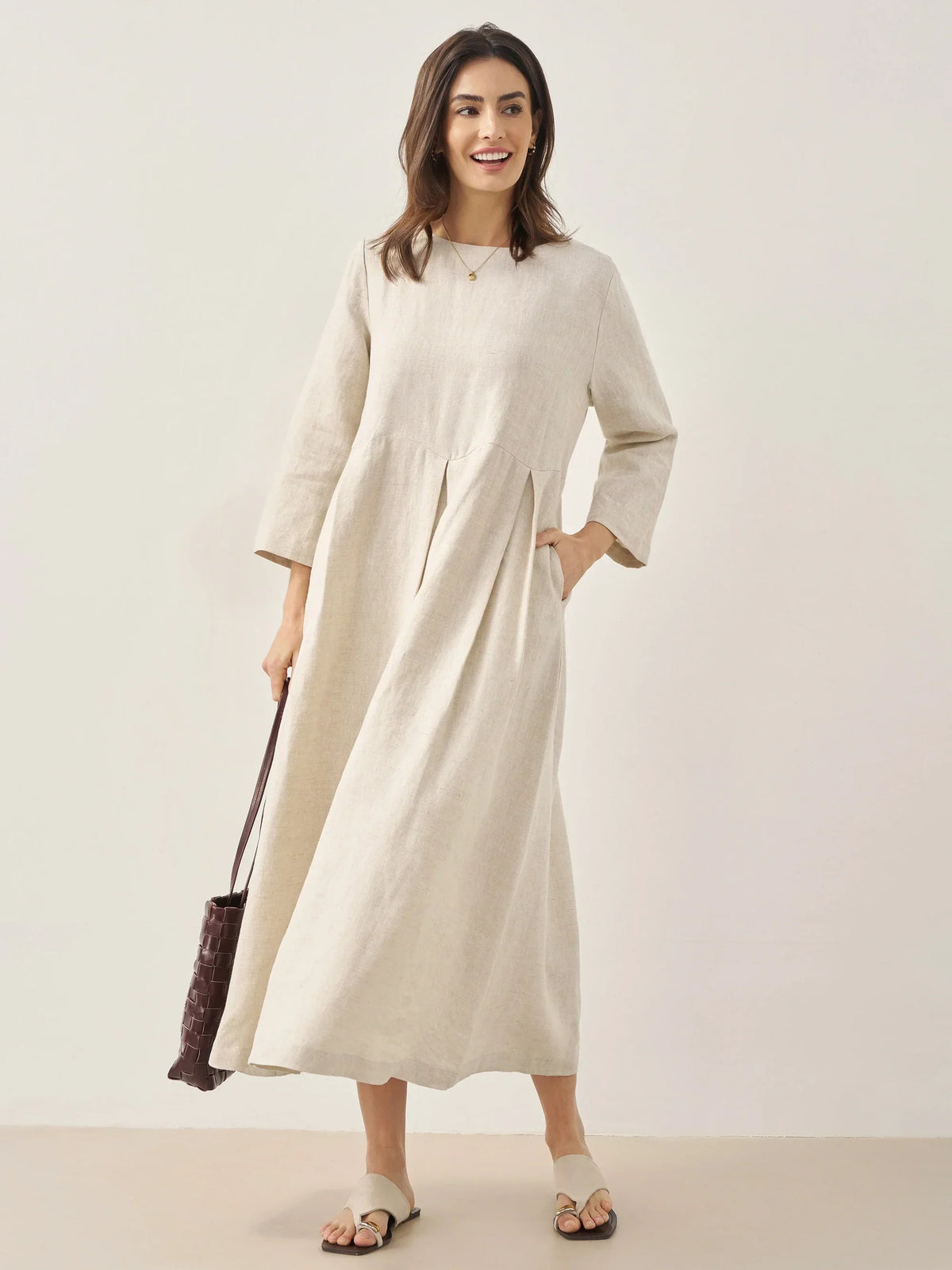 100% Linen Bateau Neck Pleated Midi Dress ABIGAIL