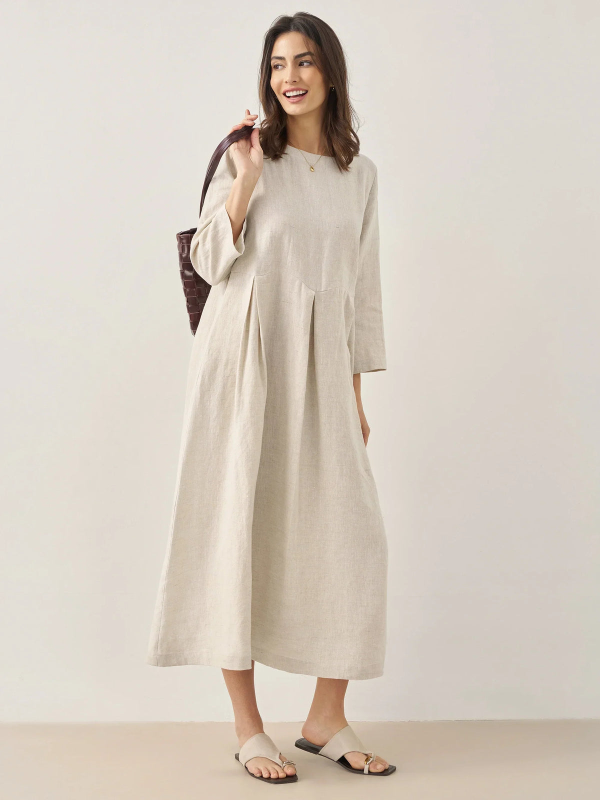 100% Linen Bateau Neck Pleated Midi Dress ABIGAIL