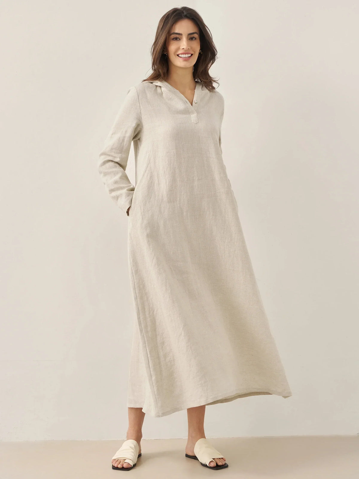 100% Linen Hooded Pullover Maxi Dress REBECCA