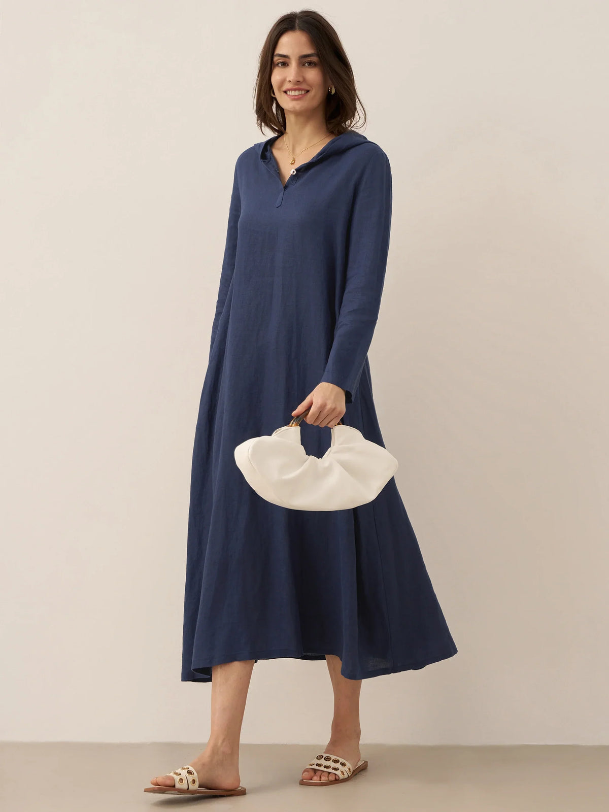 100% Linen Hooded Pullover Maxi Dress REBECCA