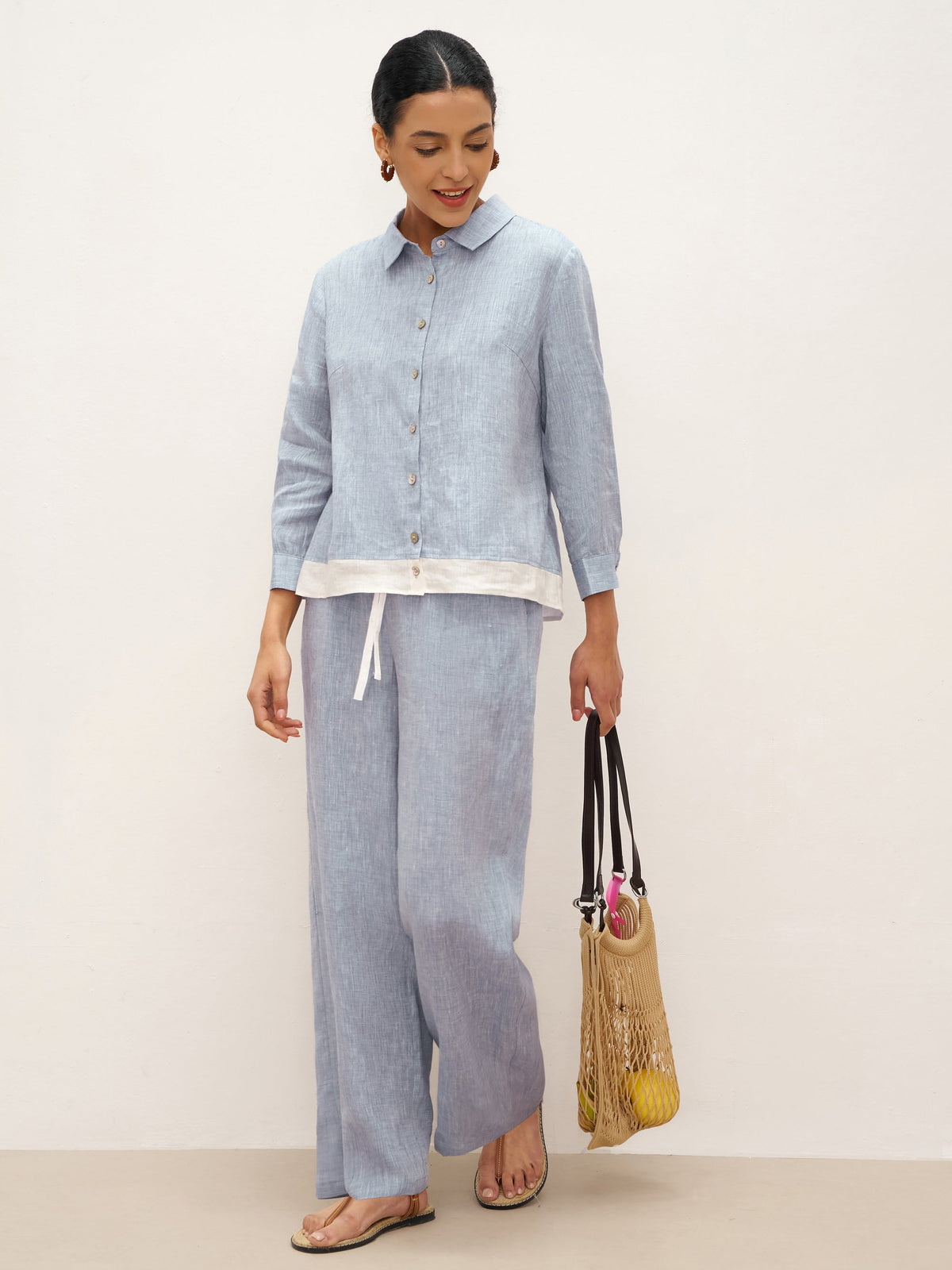 100% Linen Buttoned Closure Color-Blocked Shirt JANICE