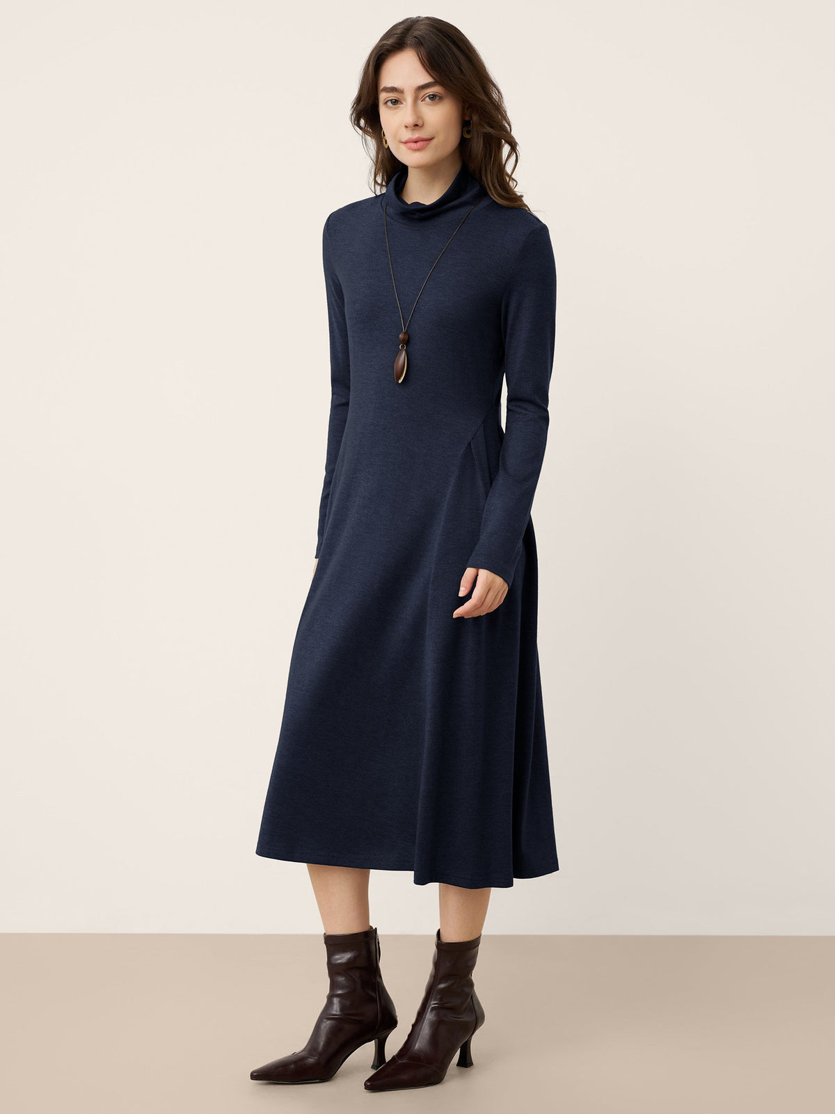 Wool Sculpted Pleats Turtleneck Midi Dress BRIAR