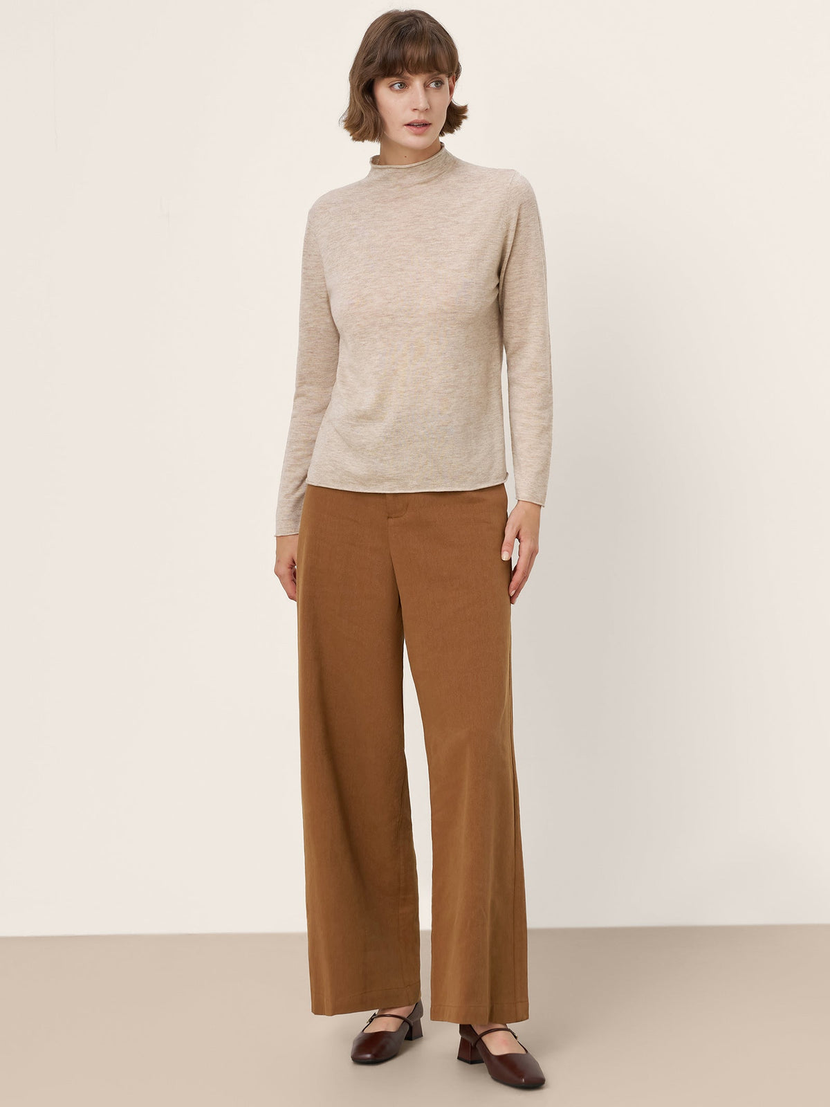 100% Extra-Fine Merino Wool Mock Neck Sweater with Rolled Edge ELA
