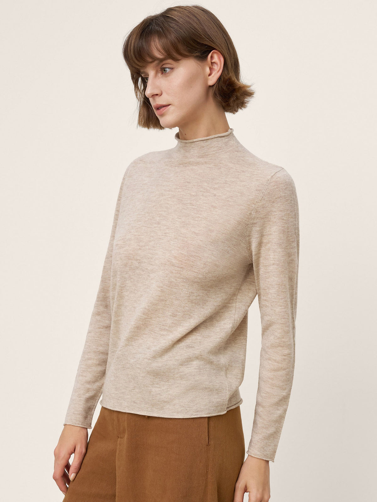 100% Extra-Fine Merino Wool Mock Neck Sweater with Rolled Edge ELA