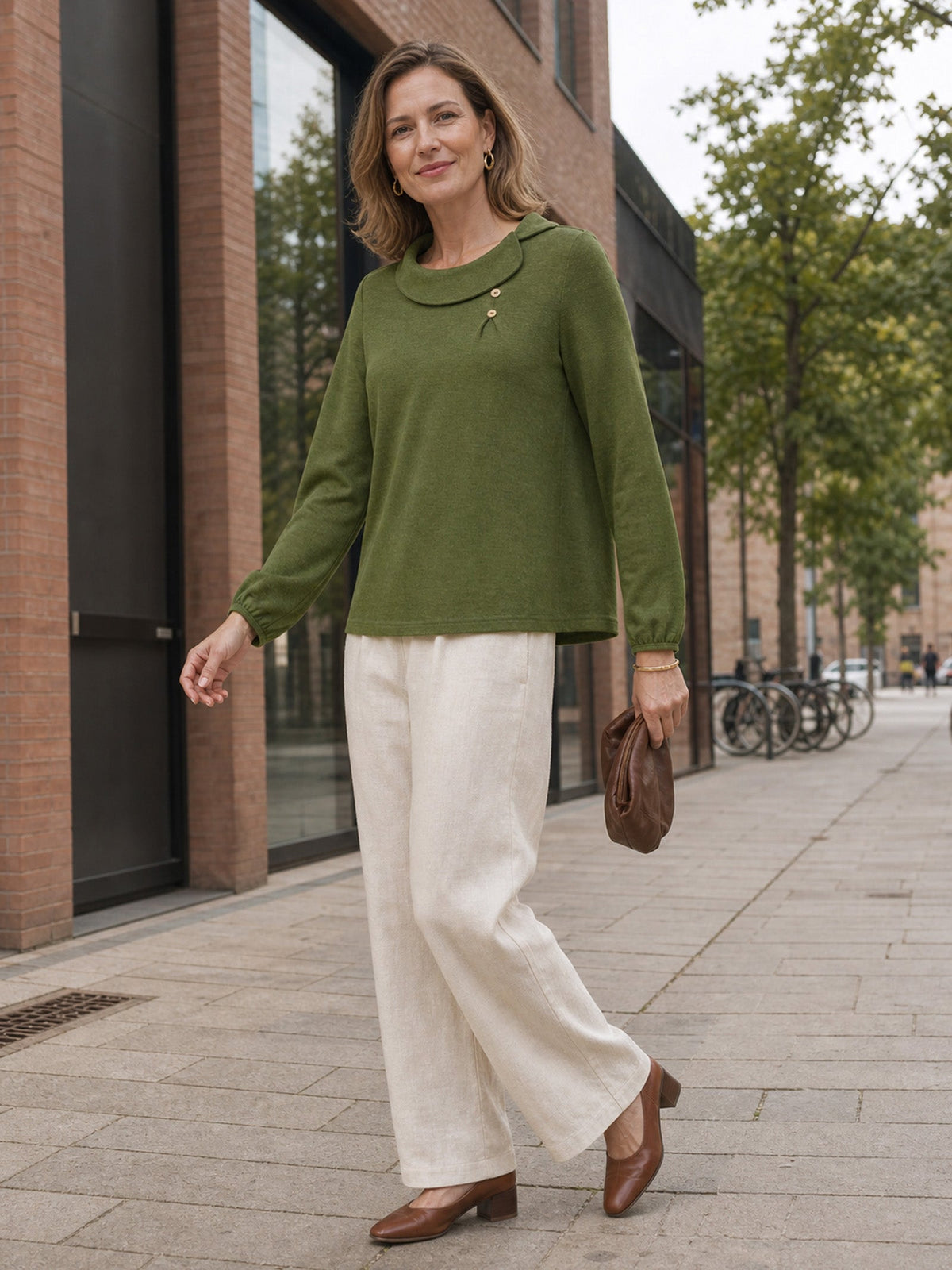 Wool Asymmetric Pleated Long-Sleeve Top ARLETTE