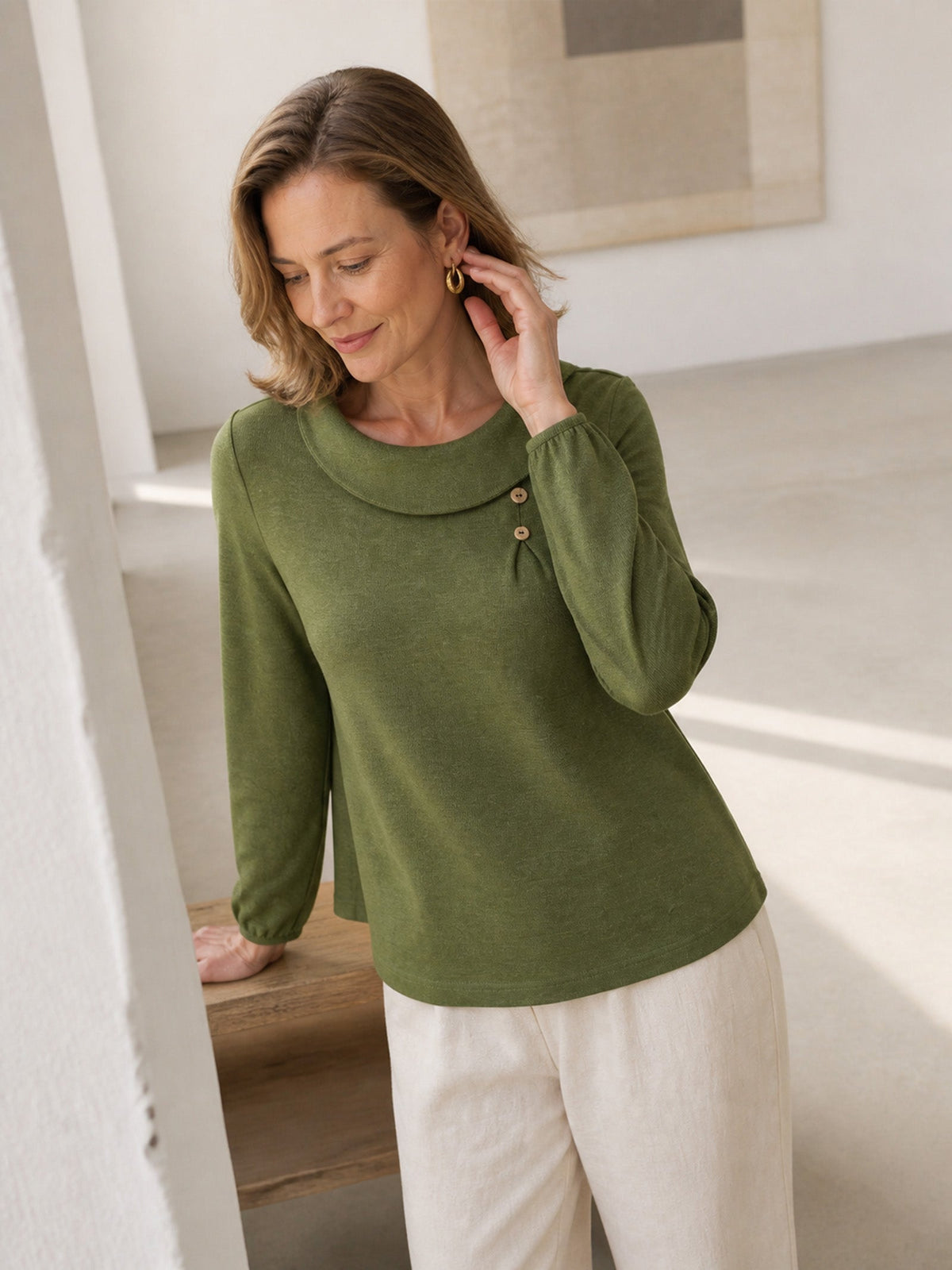 Wool Asymmetric Pleated Long-Sleeve Top ARLETTE
