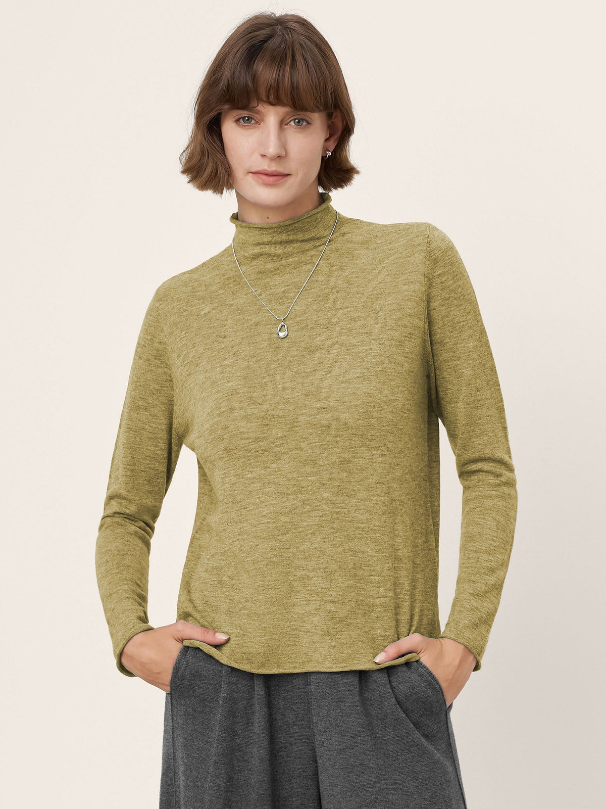 100% Extra-Fine Merino Wool Mock Neck Sweater with Rolled Edge ELA