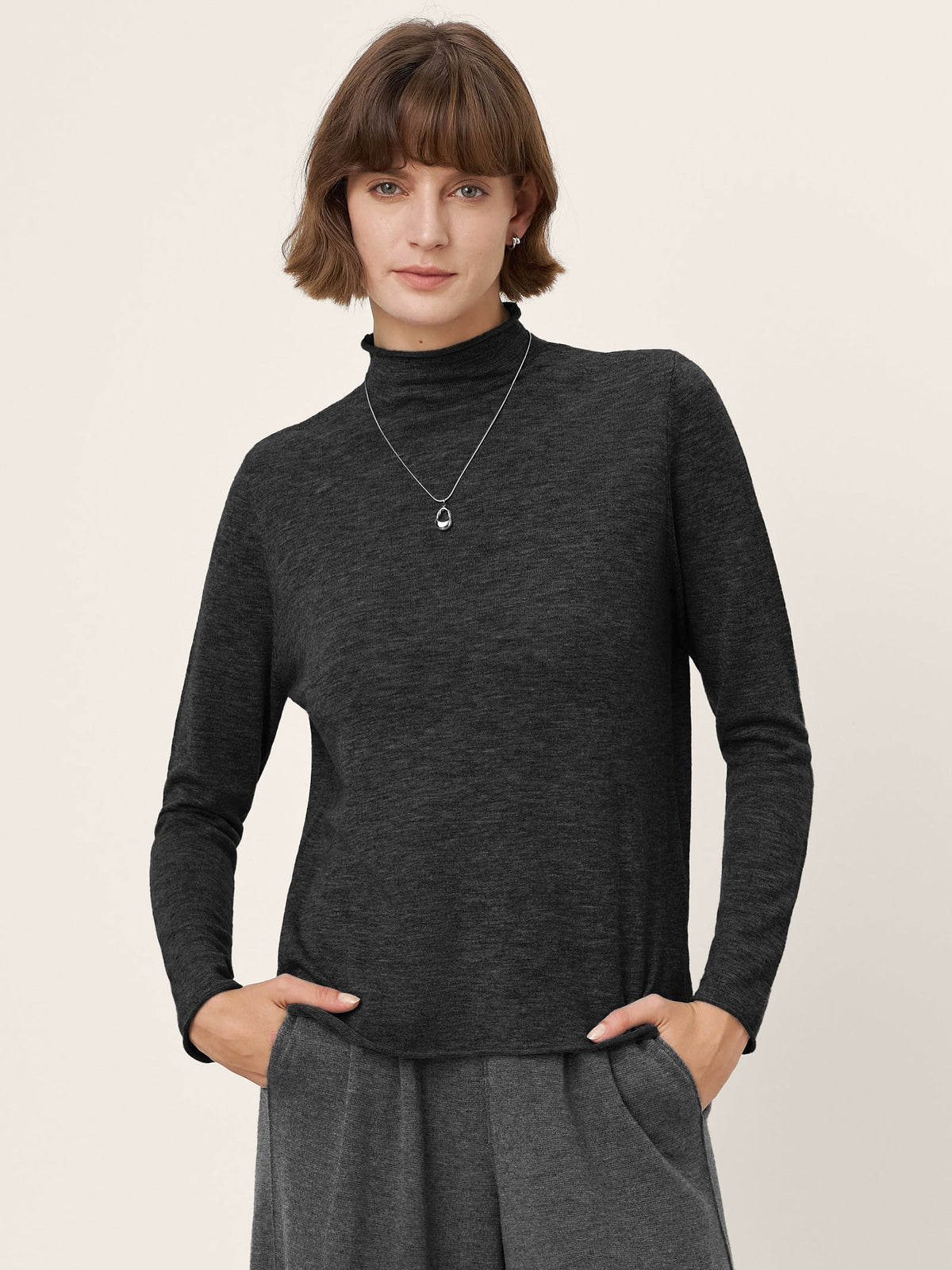 100% Extra-Fine Merino Wool Mock Neck Sweater with Rolled Edge ELA