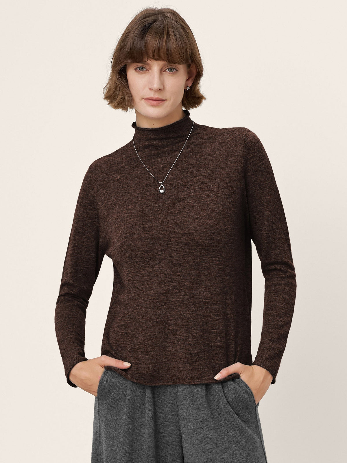 100% Extra-Fine Merino Wool Mock Neck Sweater with Rolled Edge ELA